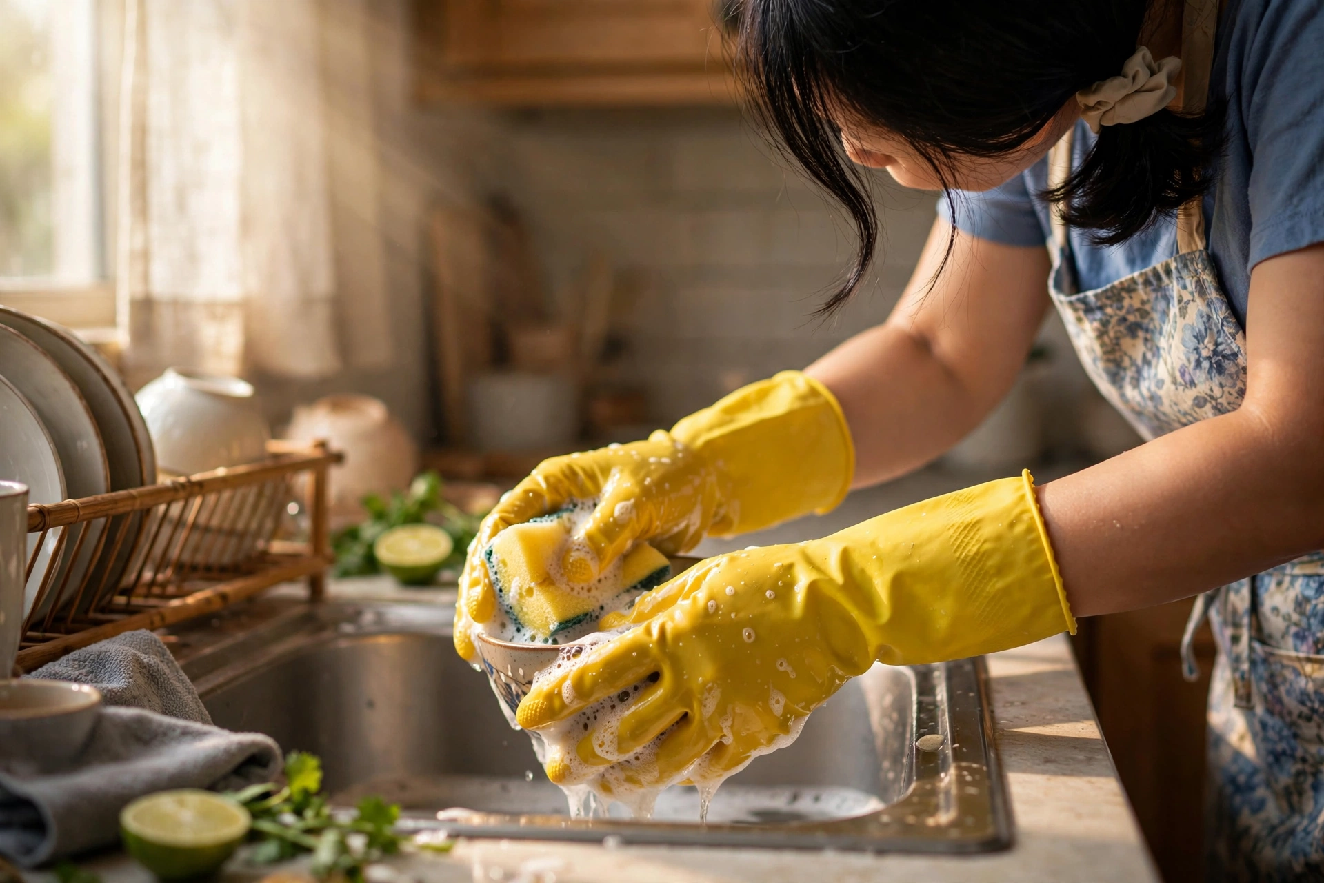 Người nội trợ đeo găng tay cao su khi rửa bát