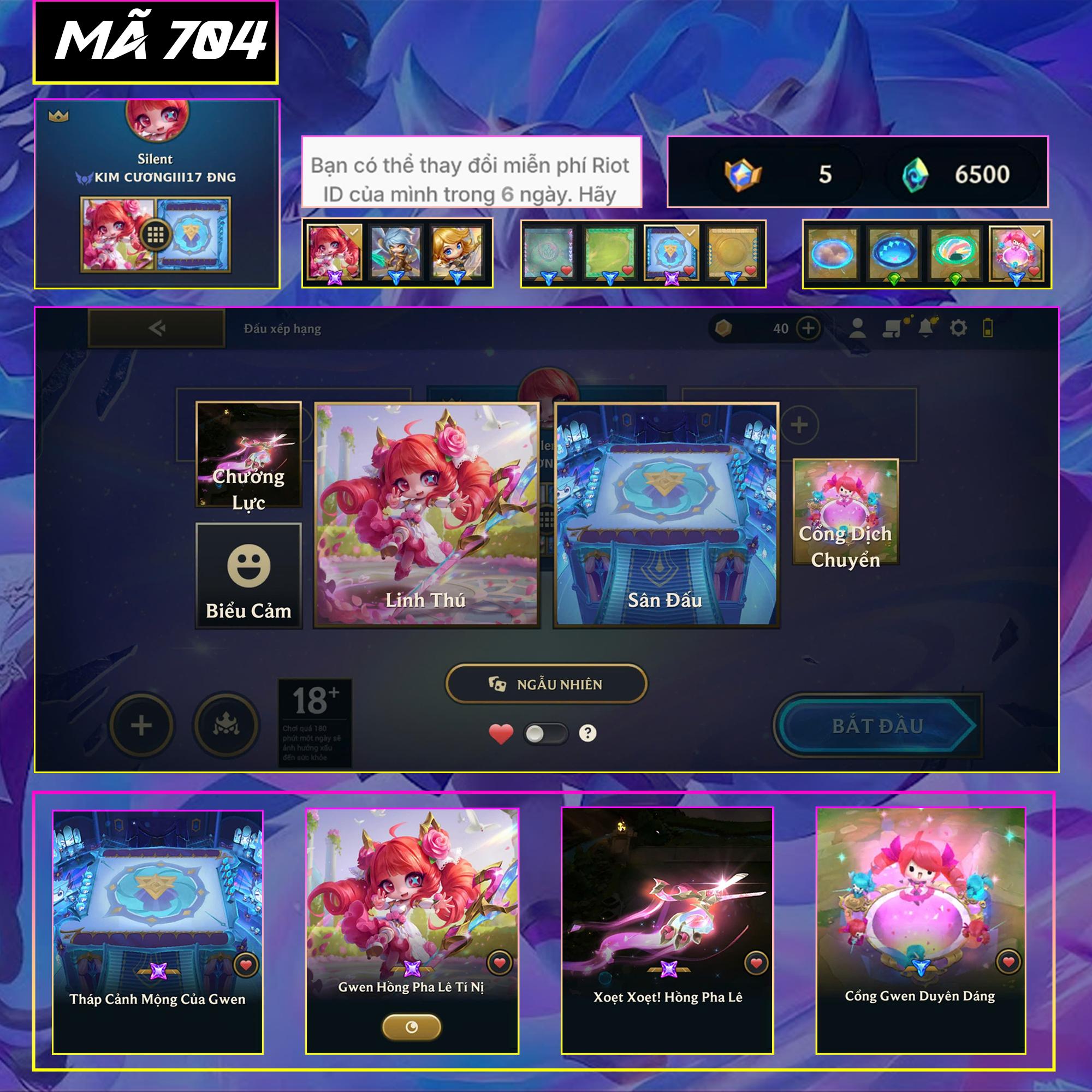Thuê acc TFT MS: 704 KHÔNG RANK - Gwen Hồng Pha Lê Tí Nị