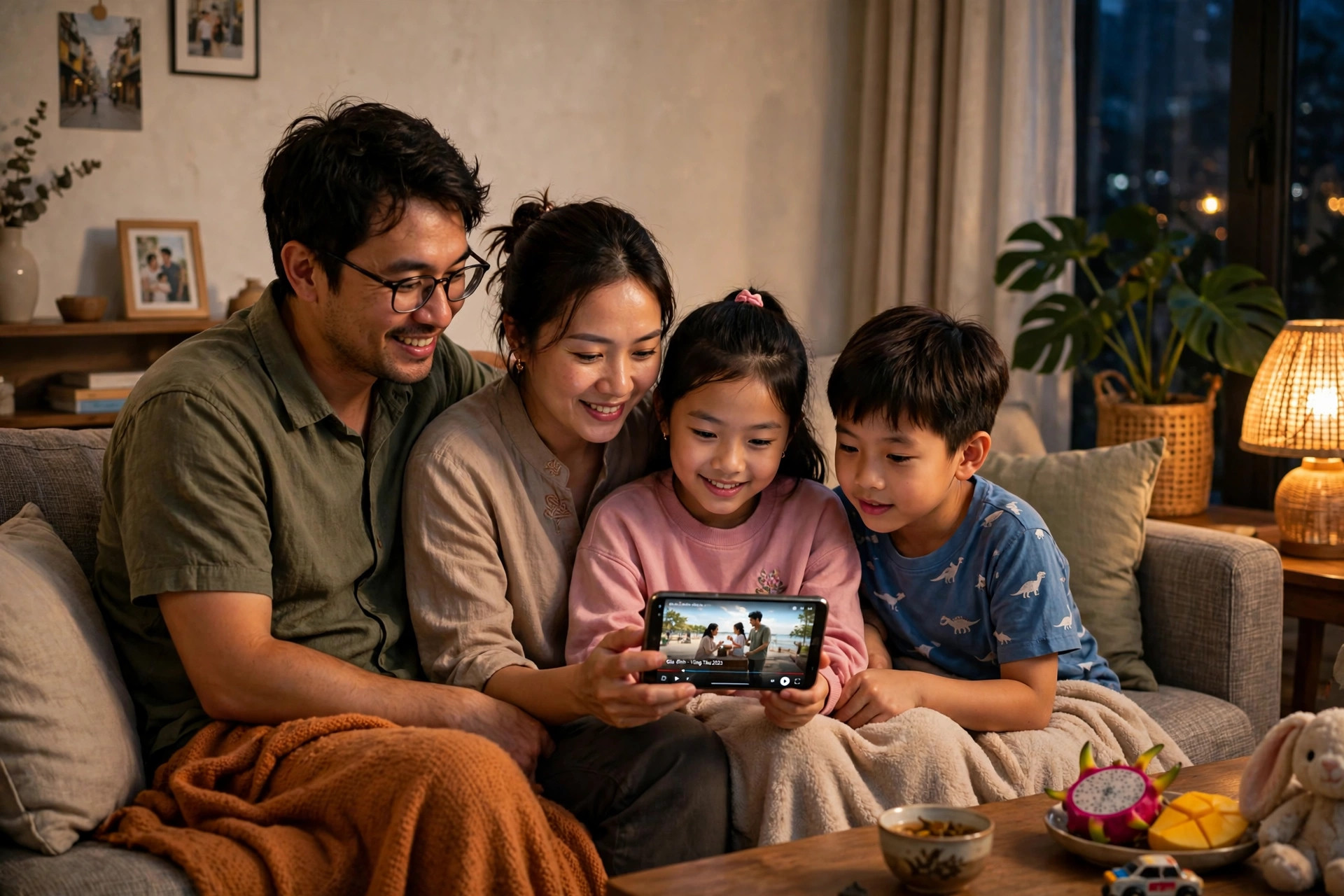 Cả gia đình quây quần xem lại video trên điện thoại vào buổi tối