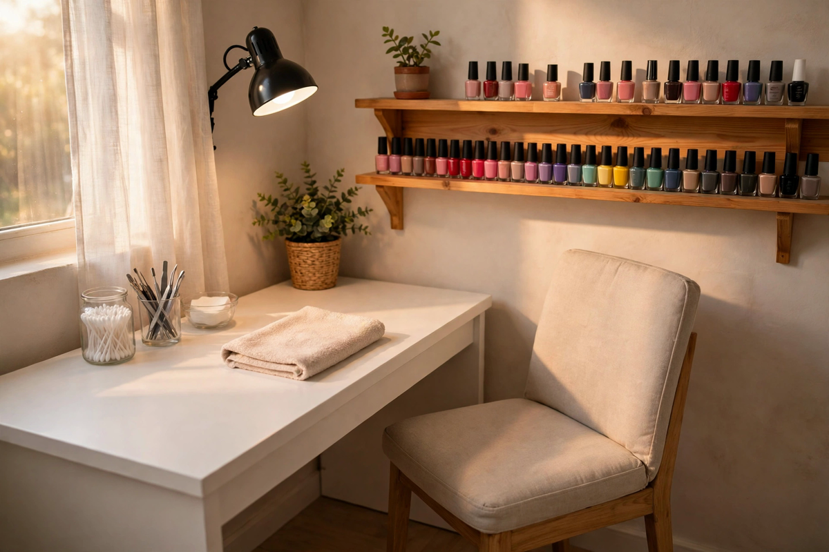 Góc studio nail nhỏ gọn tại nhà với kệ sơn và bàn làm việc