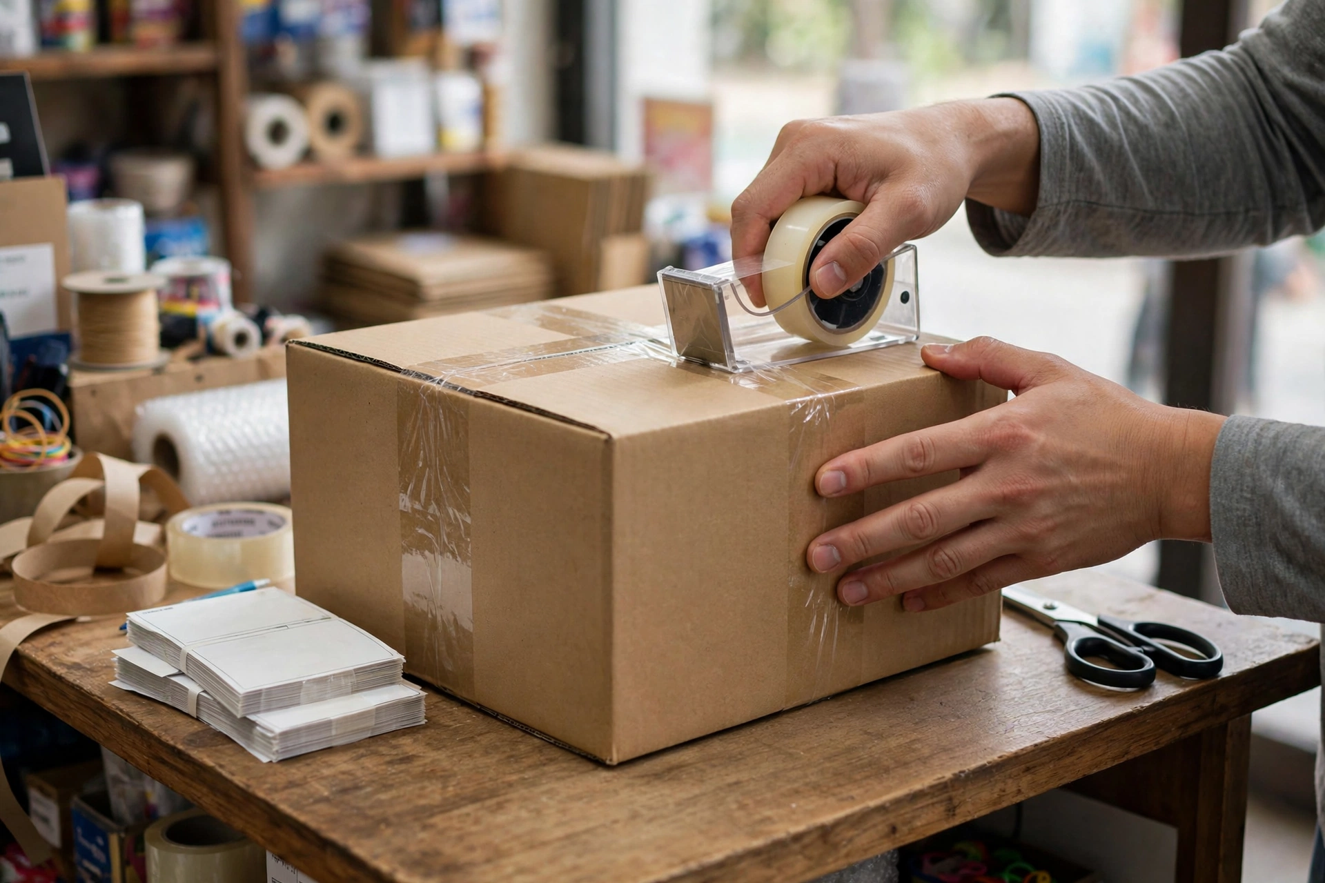 Chủ shop nhỏ đóng gói đơn hàng online và kiểm tra sản phẩm trước khi gửi