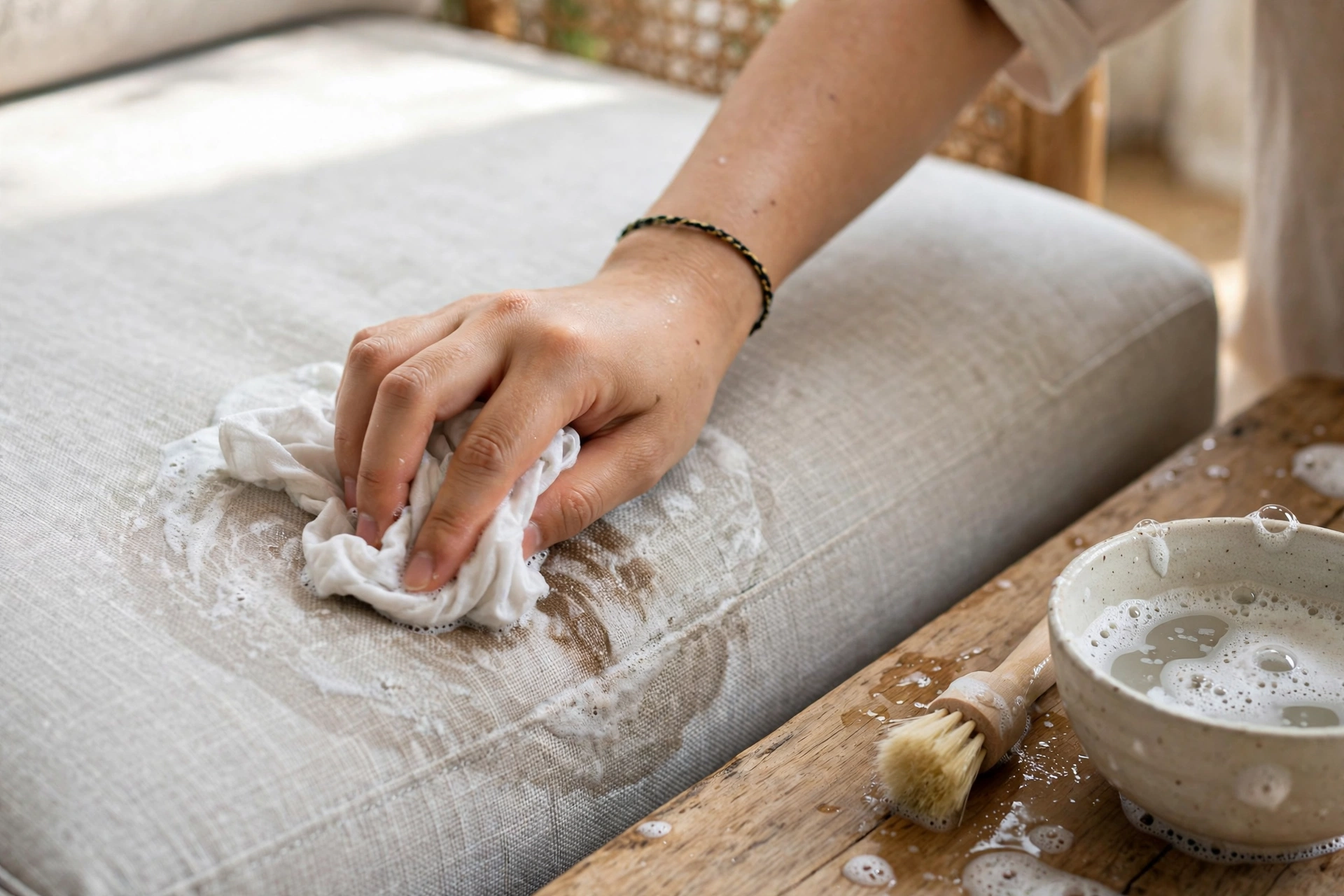 Thấm và chà nhẹ vết bẩn trên sofa vải bằng khăn ẩm