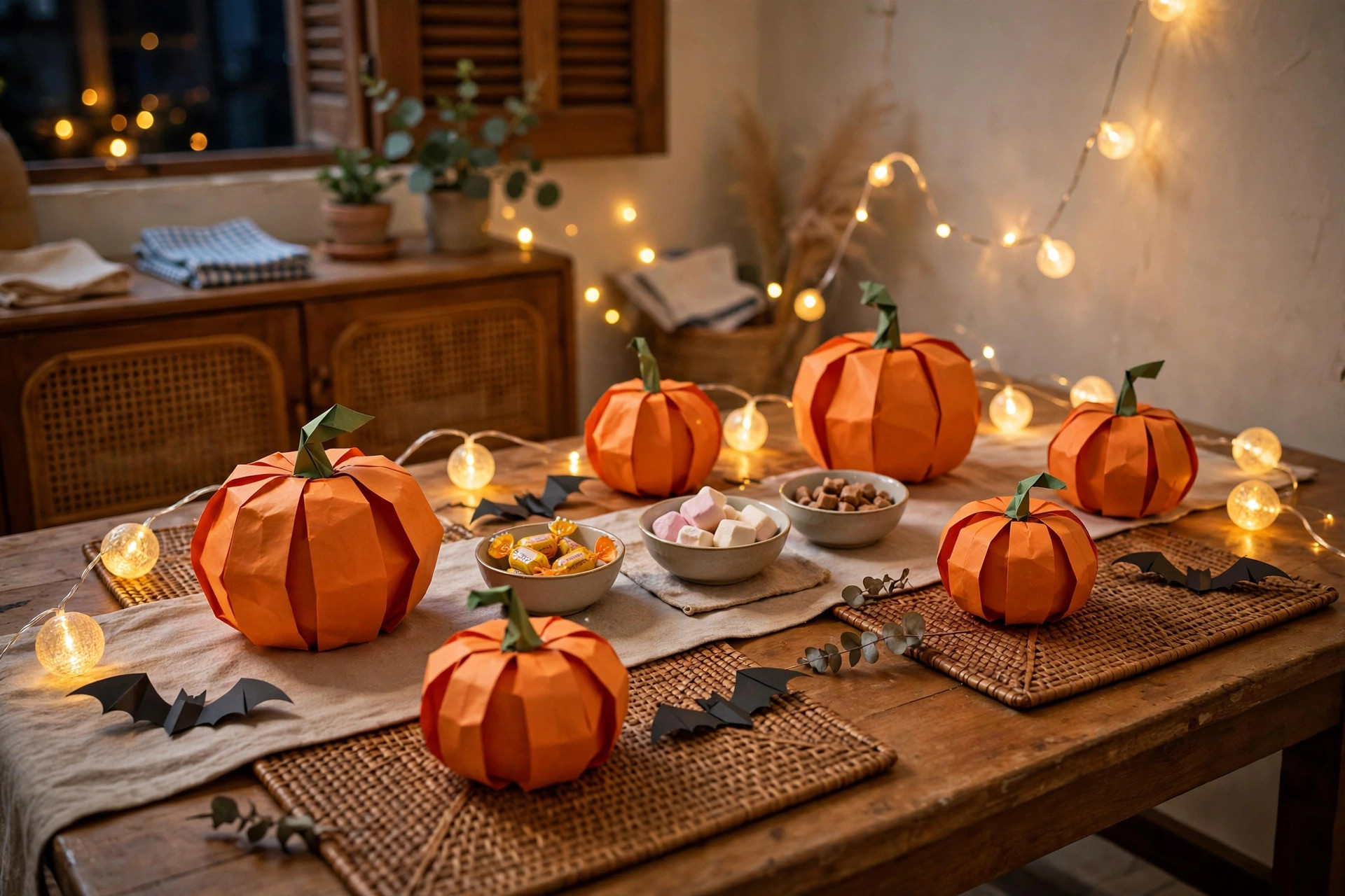 Bàn trang trí Halloween với bí ngô giấy và dây đèn ấm cúng