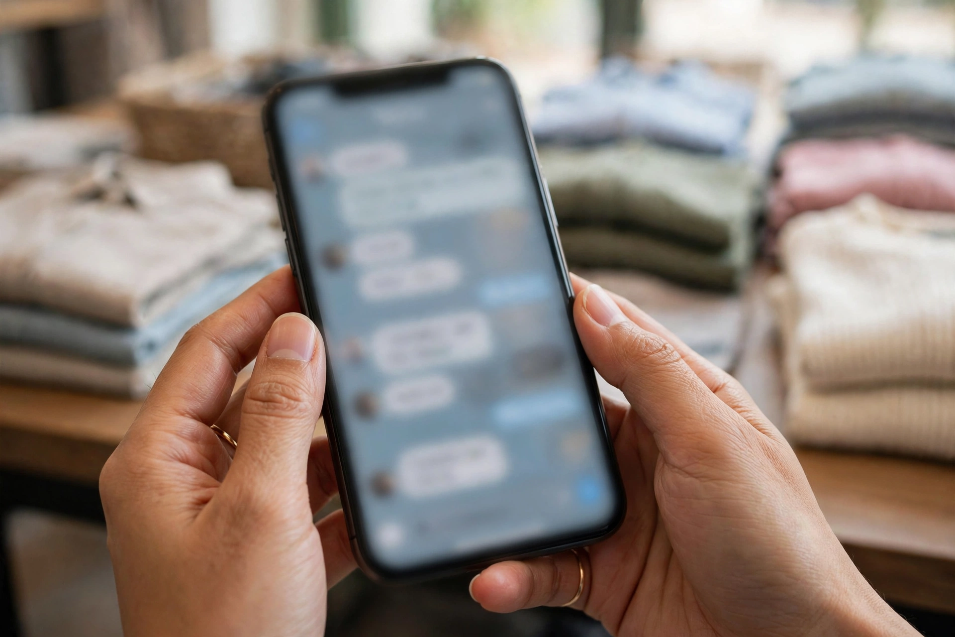 Chủ shop nhỏ cầm điện thoại và sổ ghi chép đơn hàng tại quầy