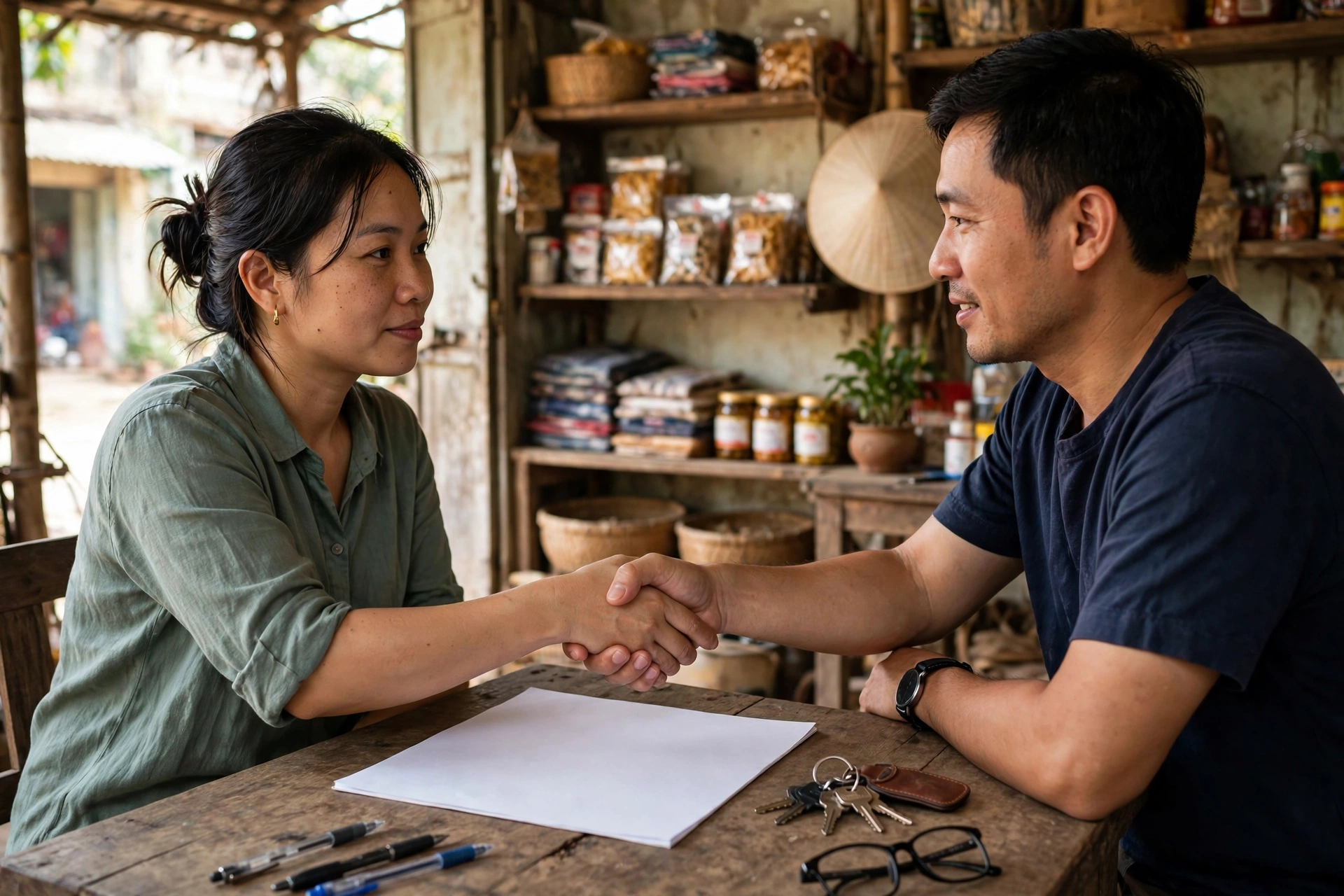 Chủ cửa hàng và chủ nhà bắt tay sau khi thống nhất hợp đồng thuê mặt bằng