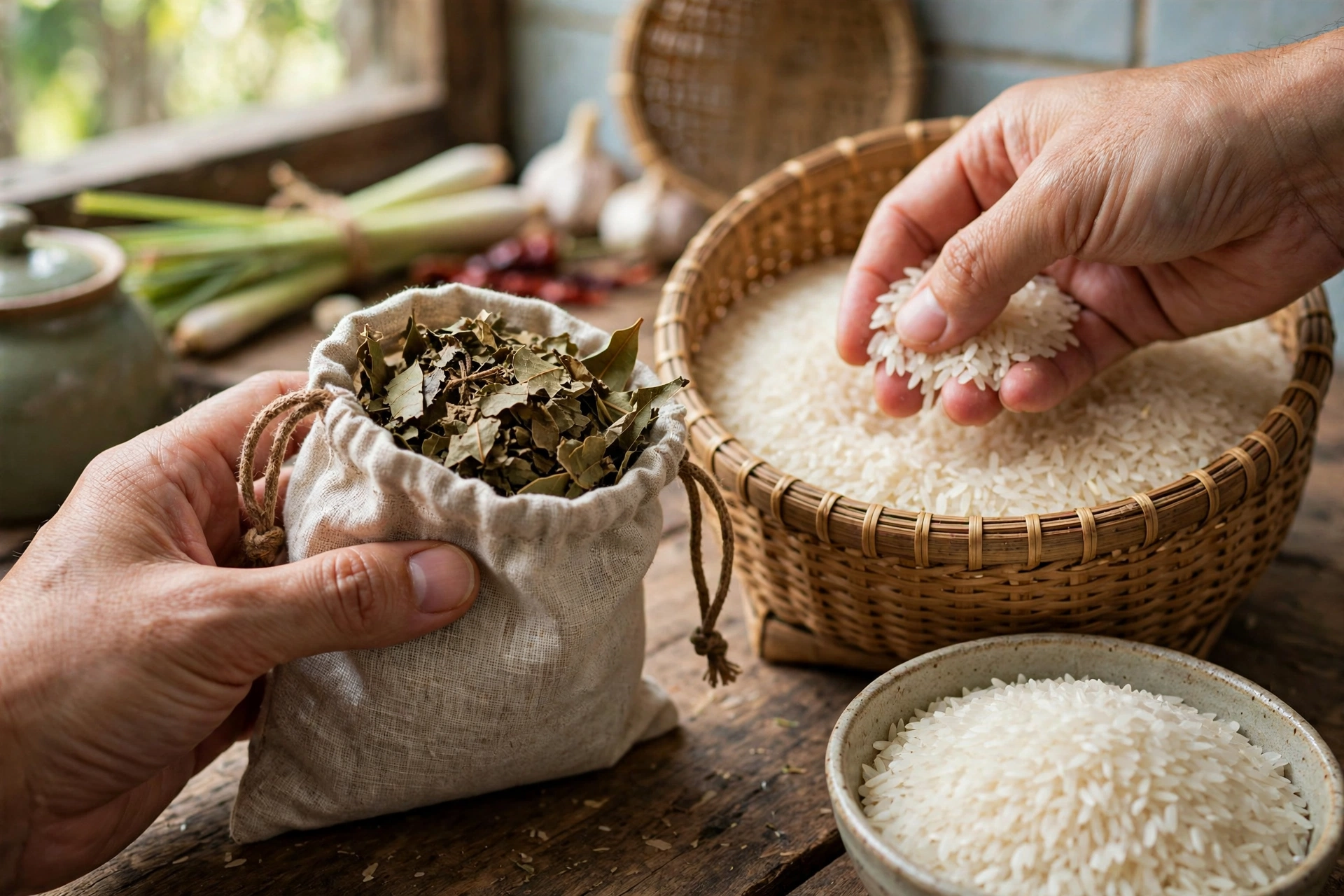 Tay cầm túi vải lá thơm khô và kiểm tra hạt gạo trong rổ tre