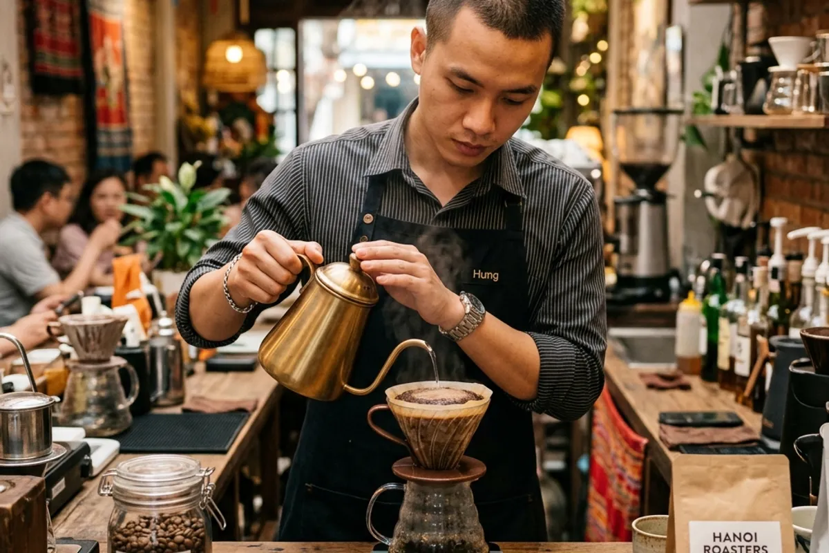 Barista đang pha cà phê pour-over tại quầy quán cà phê