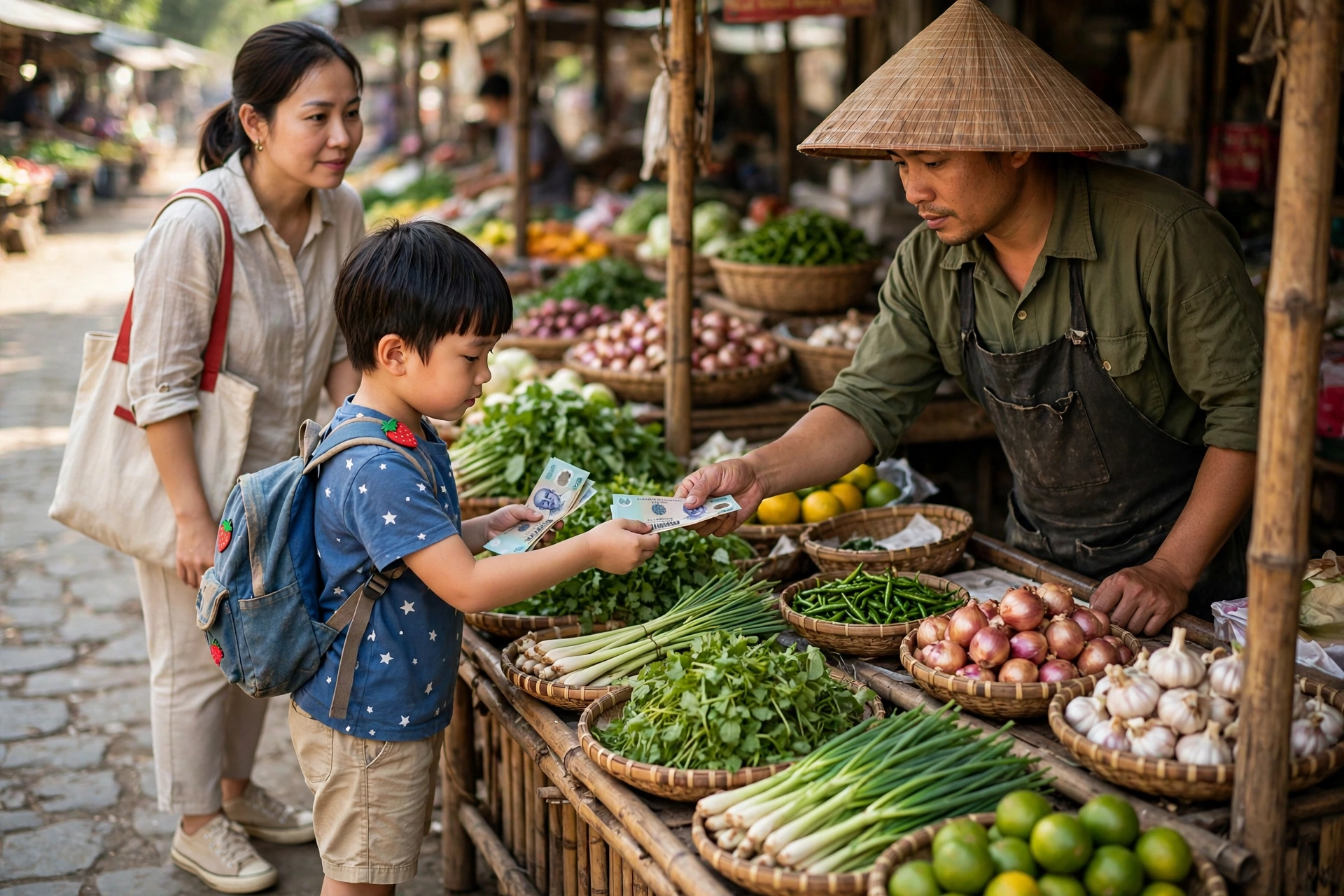 Trẻ tập trả tiền cho người bán ở chợ cùng bố mẹ