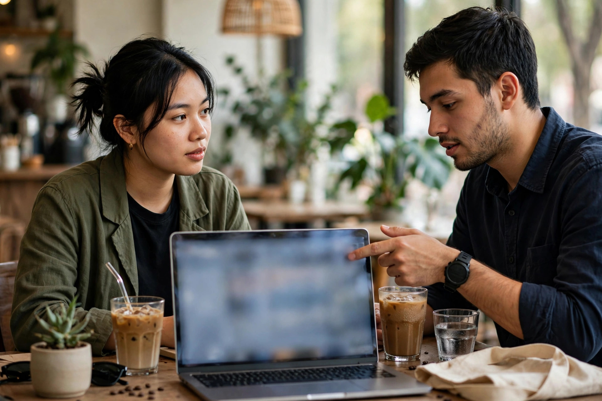 Hai bạn trẻ trao đổi ý tưởng kinh doanh bên laptop tại quán cà phê
