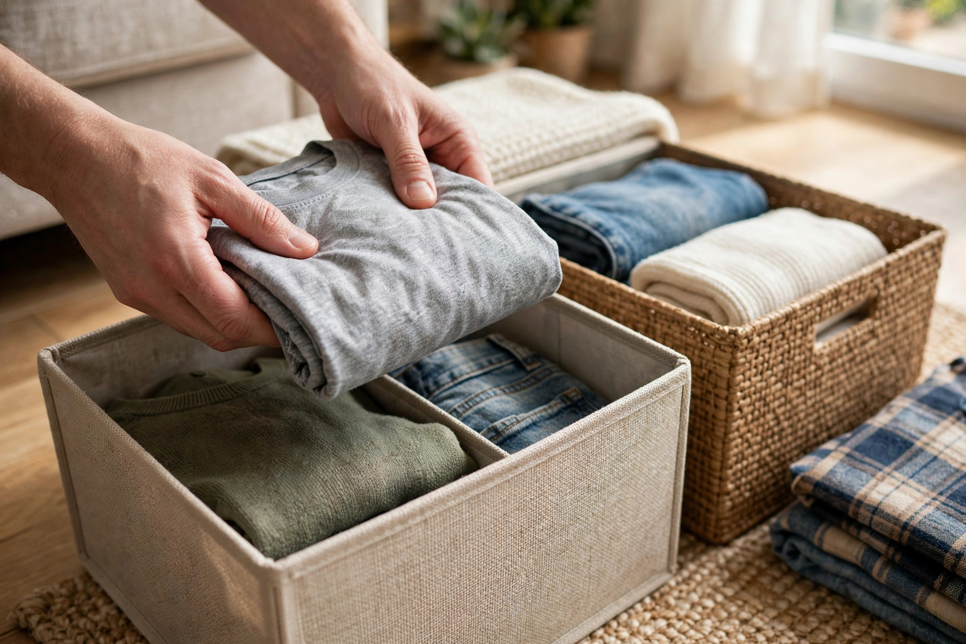 Gấp quần áo gọn gàng và xếp vào hộp đựng trong lúc dọn nhà đón Tết