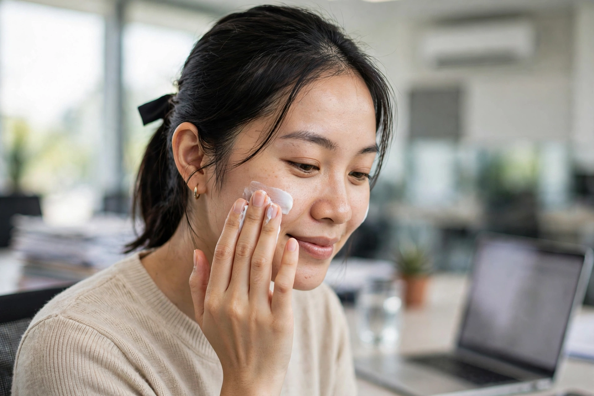 Nhân viên văn phòng thoa kem dưỡng ẩm tại bàn làm việc có máy lạnh