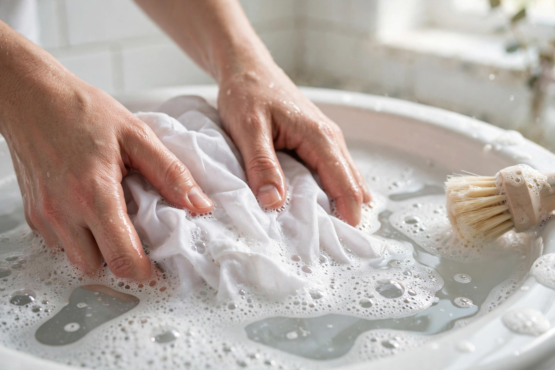 Ngâm áo trắng trong chậu nước xà phòng để tẩy vết ố