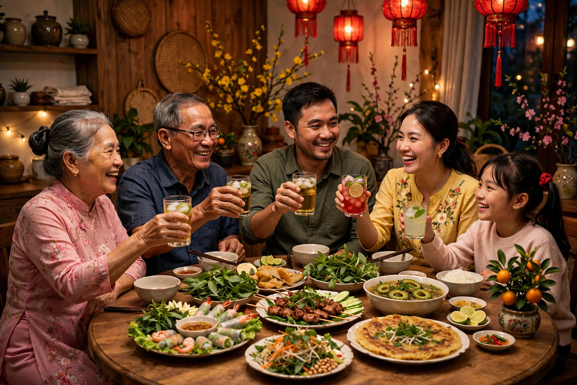 Cả gia đình quây quần nâng ly chúc mừng trong bữa tiệc tất niên tại nhà (ảnh minh họa)