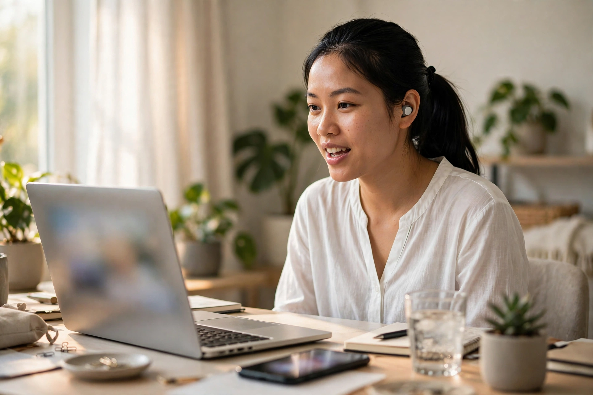 Ảnh minh họa: luyện nói tiếng Anh giao tiếp với AI qua tai nghe, mô phỏng cuộc trò chuyện với đồng nghiệp nước ngoài