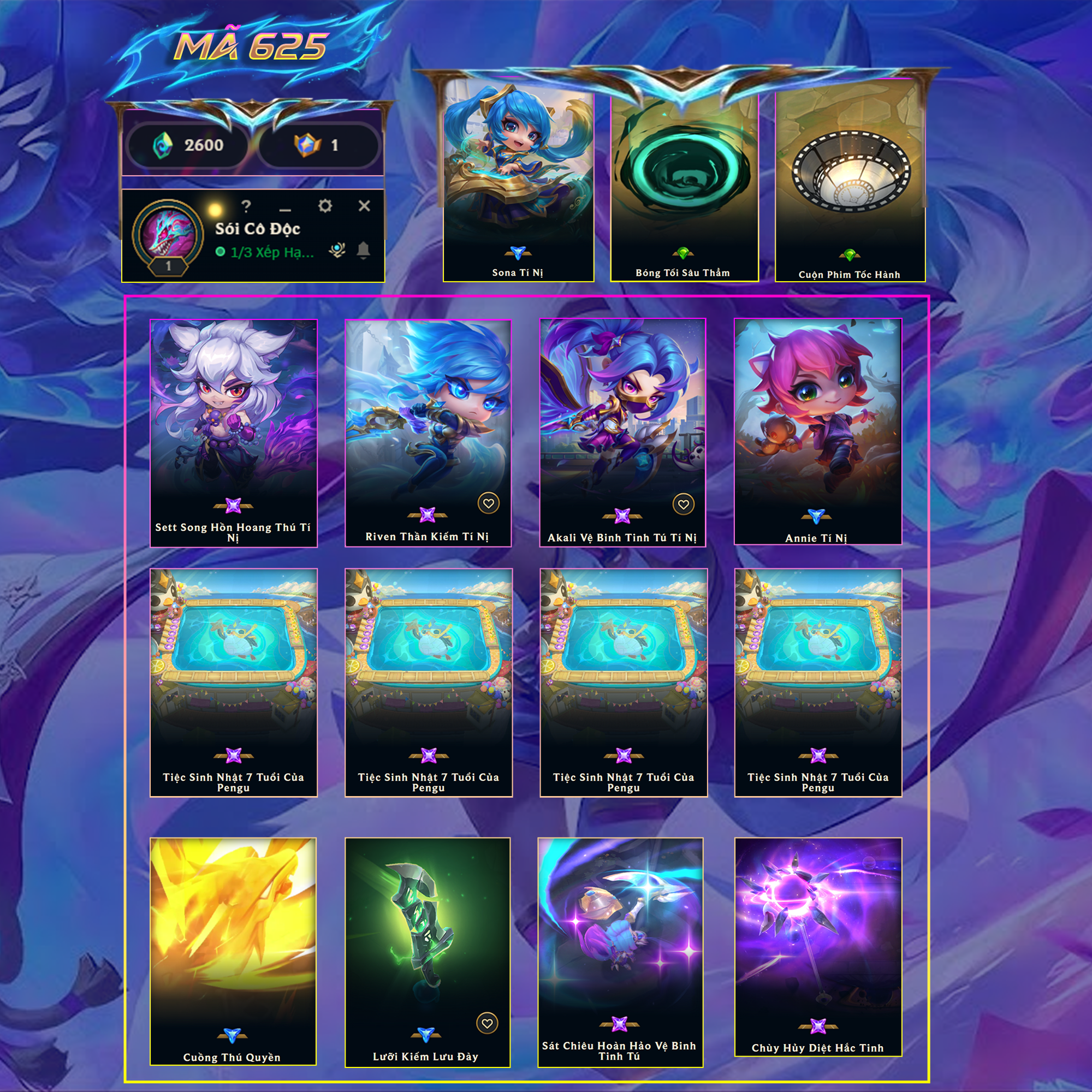 Thuê acc TFT MS: 625 KHÔNG RANK - Sett - Akali - Riven