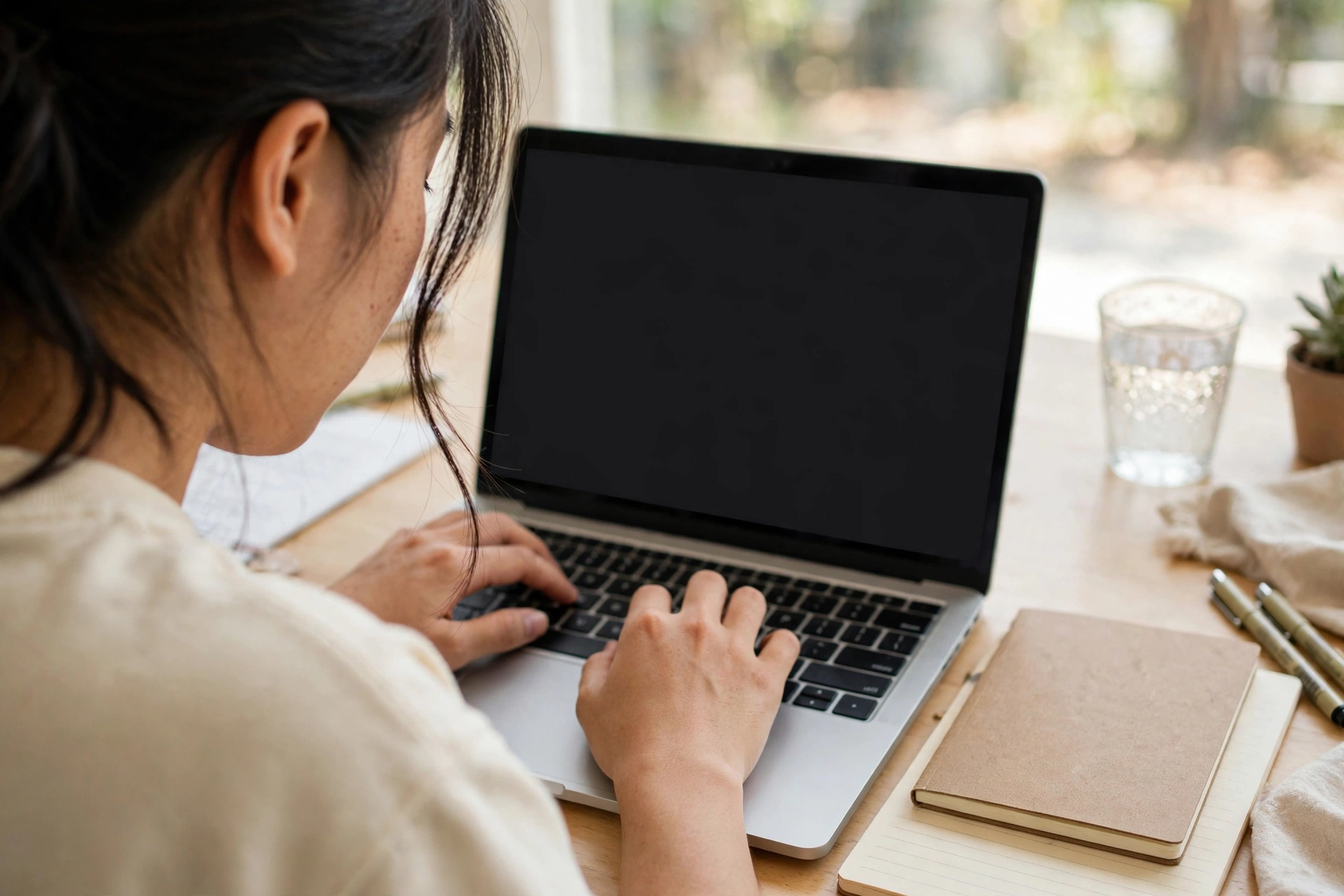 Sinh viên trẻ ngồi laptop viết CV tại bàn học gọn gàng trong không gian sáng