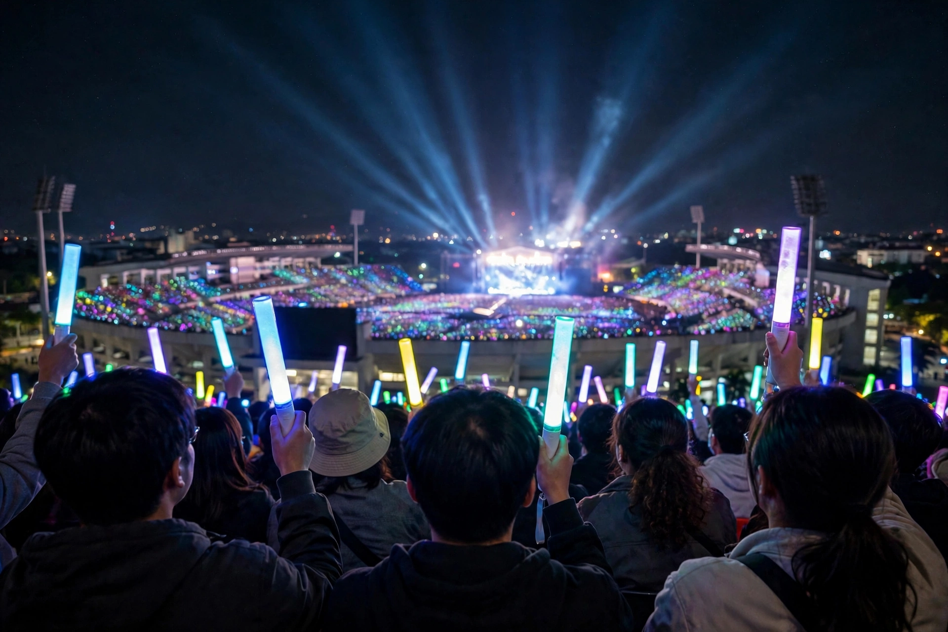 Khán giả trong sân vận động giơ lightstick hướng về sân khấu sáng đèn buổi tối