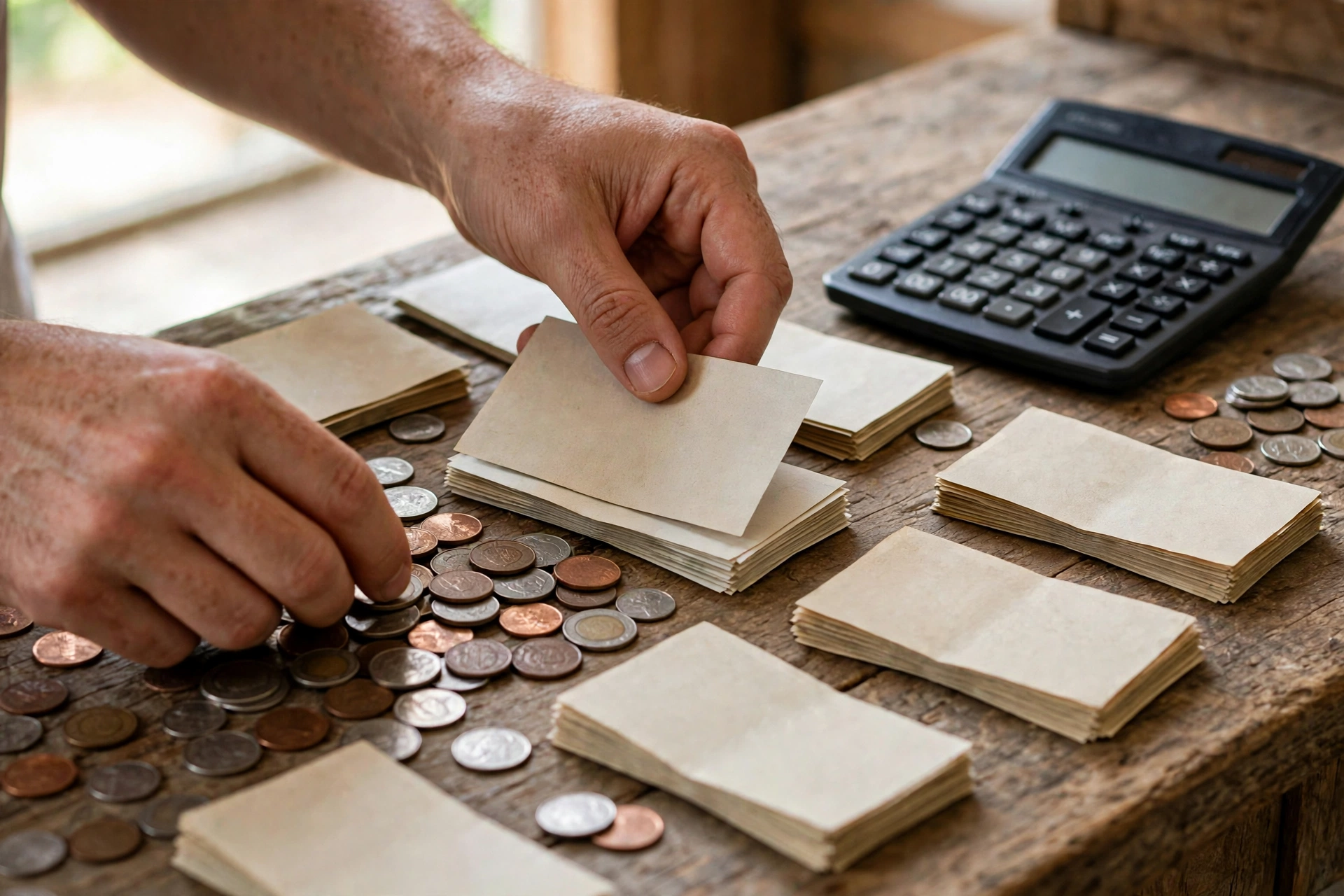 Phân loại tiền mặt và tiền lẻ cuối ngày tại quầy shop nhỏ