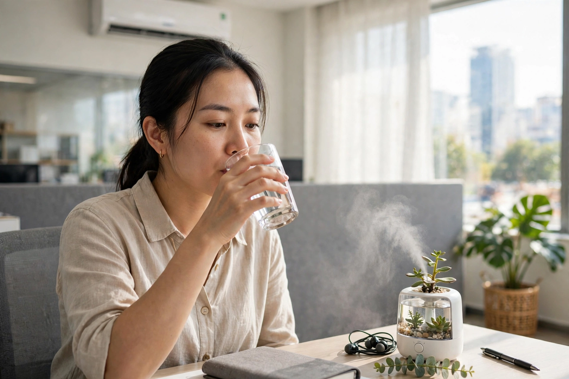 Người phụ nữ uống nước tại bàn làm việc trong phòng điều hòa