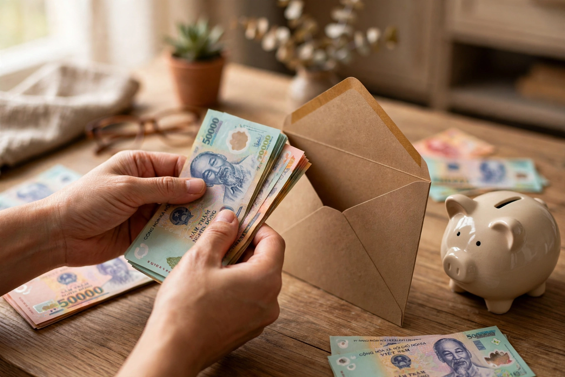 Cha mẹ đếm tiền và bỏ vào phong bì tiết kiệm cho quỹ học vấn của con, bên cạnh là heo đất