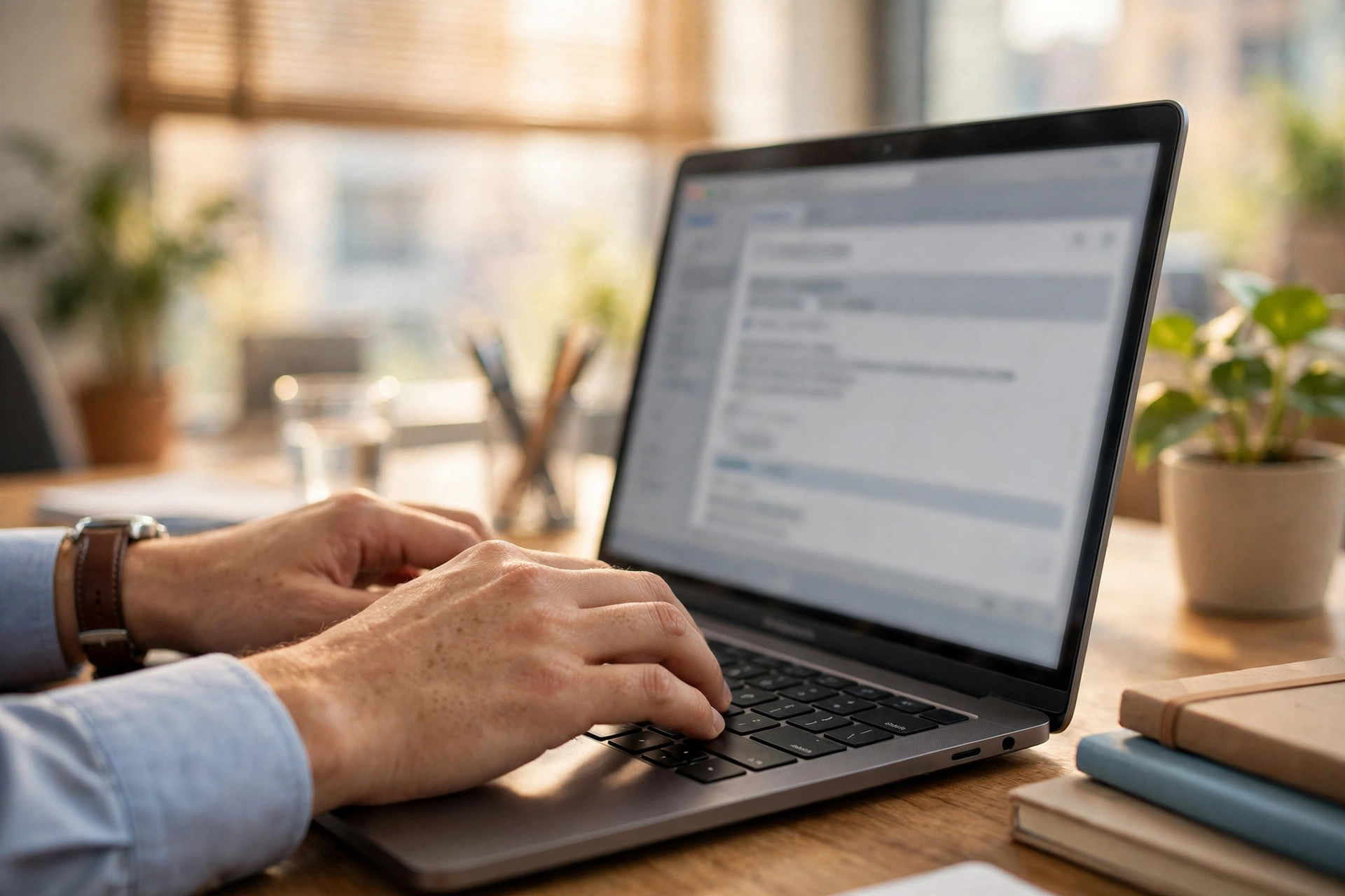 Người đi làm soạn email xin nghỉ phép trên máy tính tại văn phòng