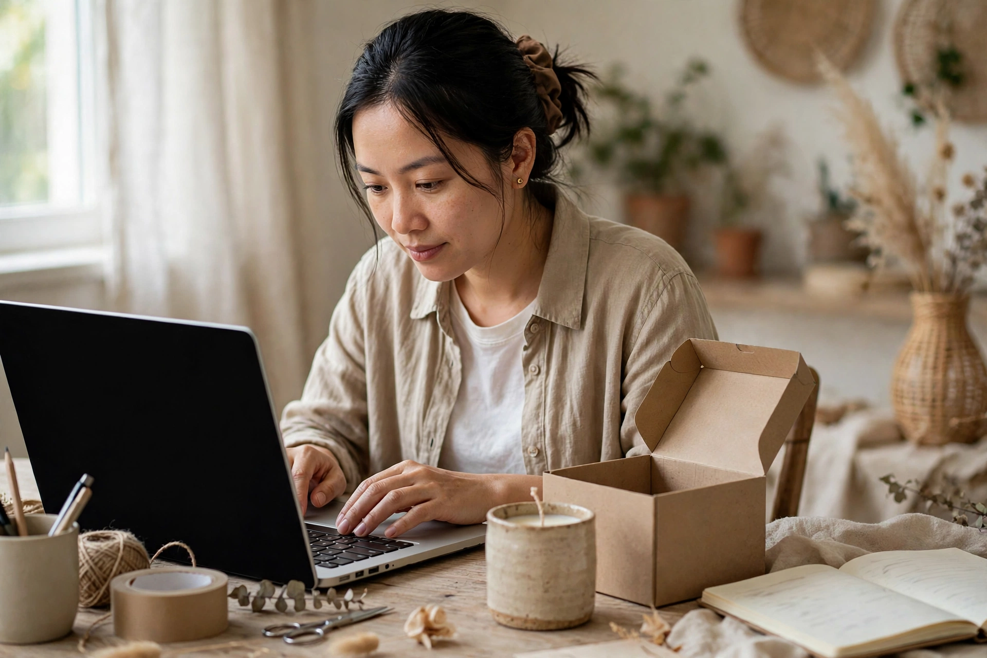 Chủ shop nhỏ ngồi gõ mô tả sản phẩm trên laptop, bên cạnh là hộp giấy và sổ ghi chú