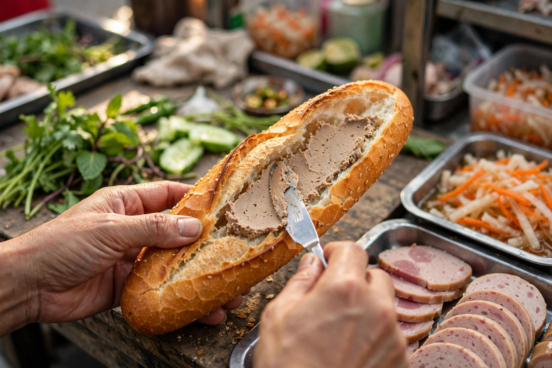Phết pate lên ổ bánh mì giòn, chuẩn bị nhân thịt nguội và rau dưa cho tiệm bánh mì buổi sáng