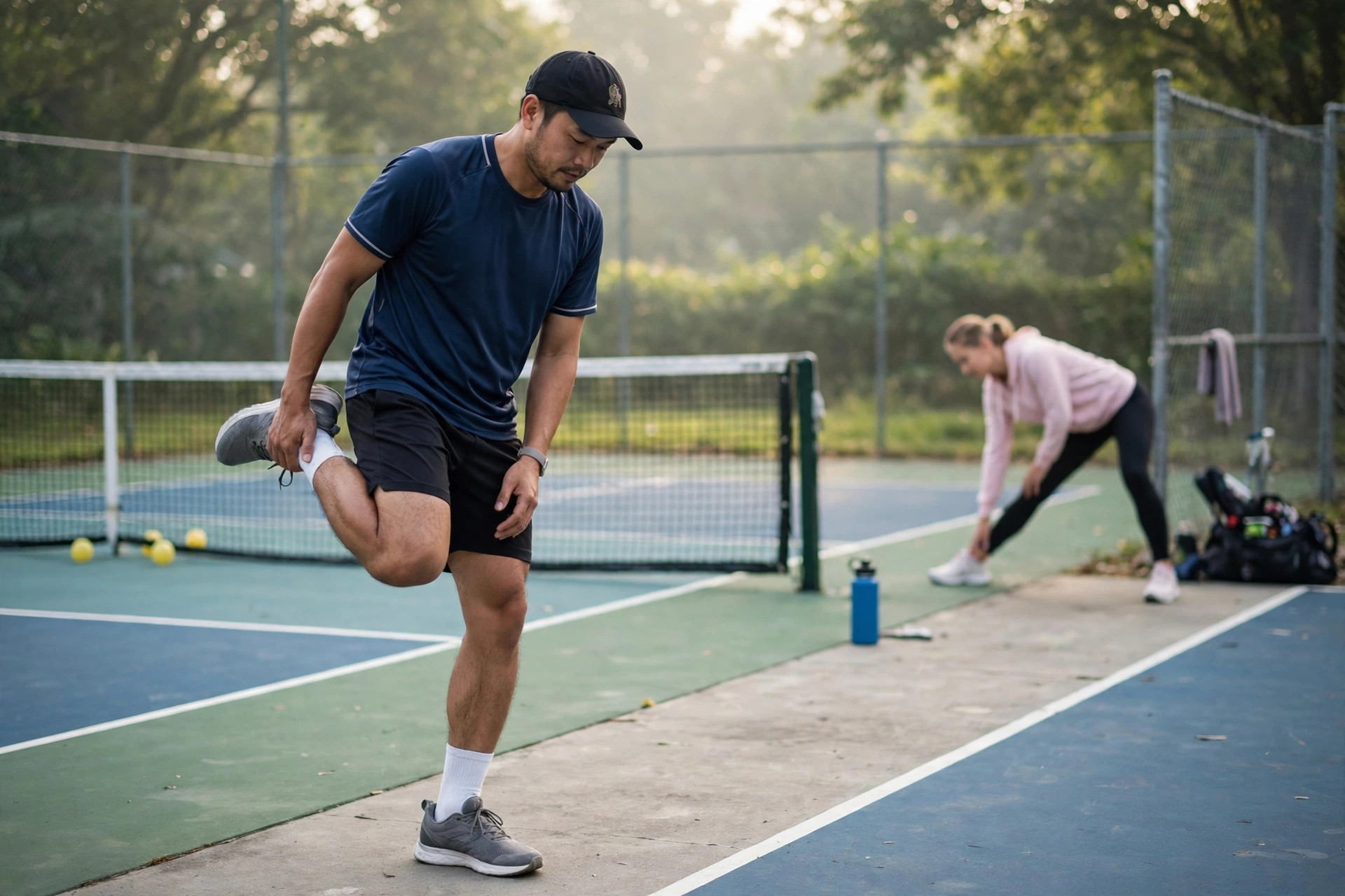 Người chơi khởi động giãn cơ khớp gối trước khi vào sân pickleball