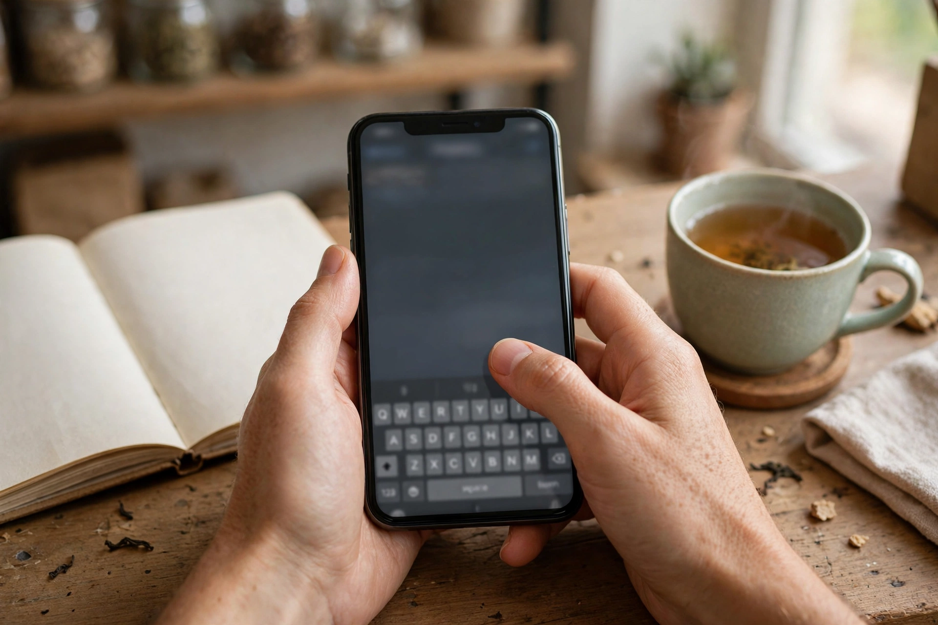 Đôi bàn tay cầm điện thoại trả lời tin nhắn khách tại quầy của shop nhỏ