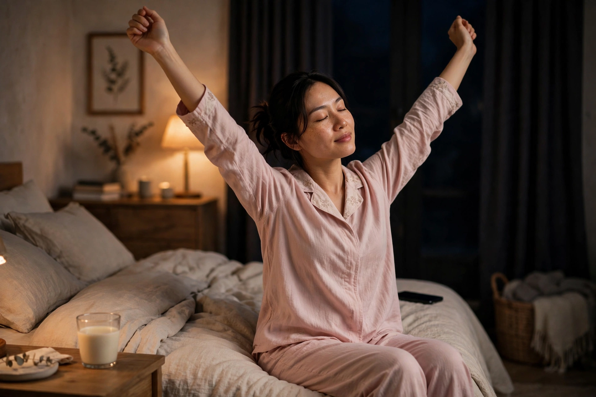 Giãn cơ nhẹ nhàng trên giường trước khi ngủ với ly sữa ấm