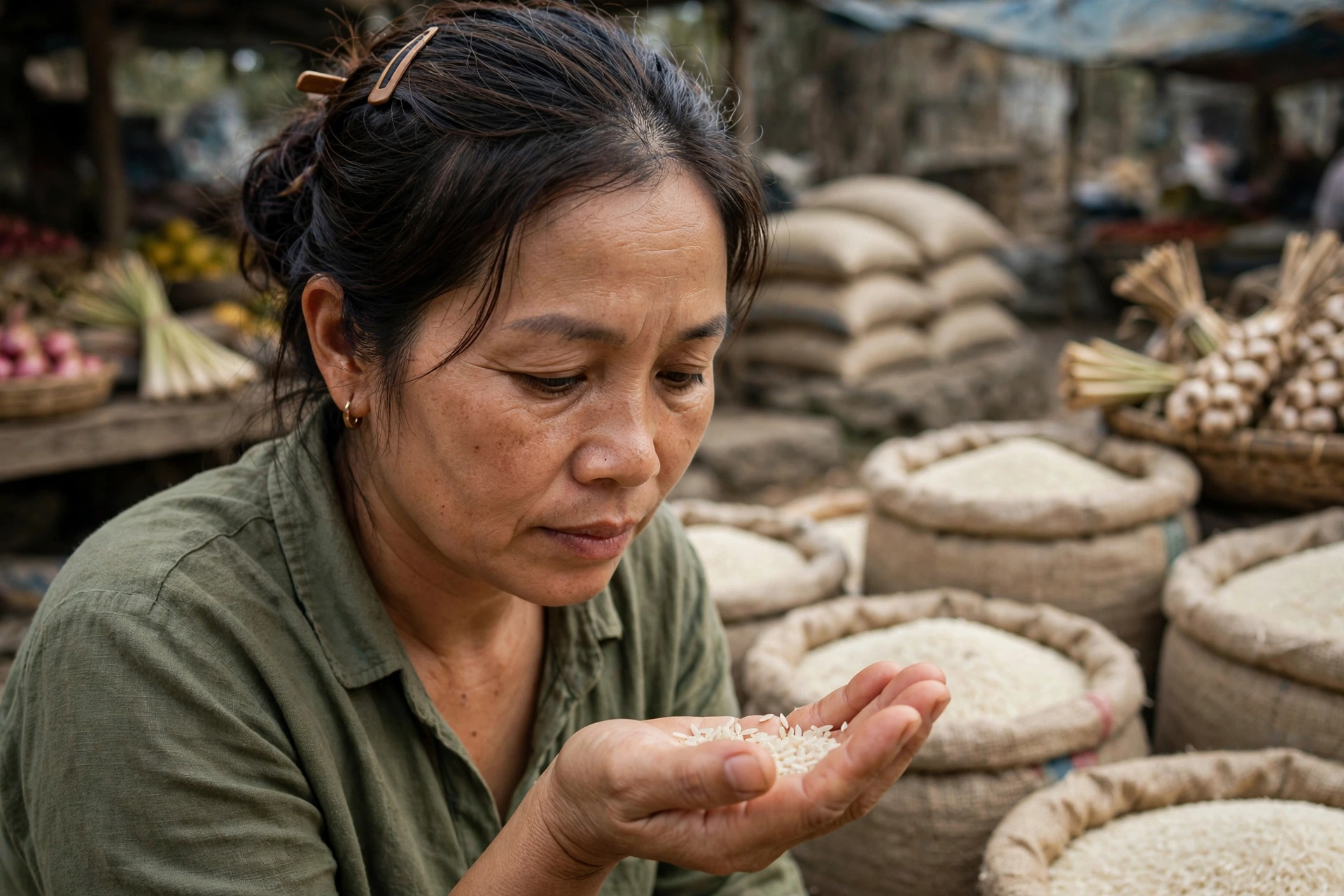 Người phụ nữ xem kỹ hạt gạo trong lòng bàn tay tại sạp gạo ở chợ
