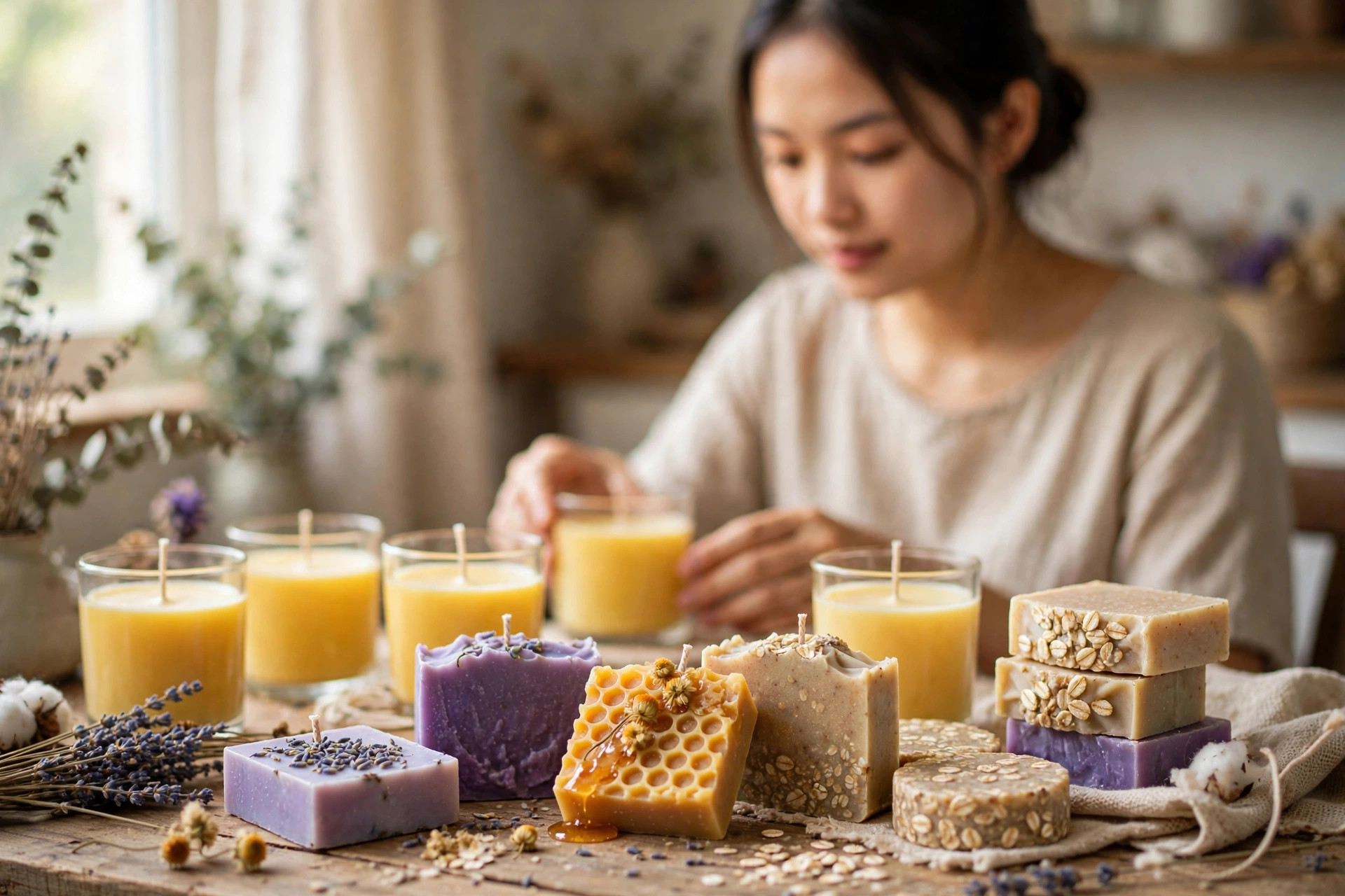 Những cây nến thơm và bánh xà phòng handmade thành phẩm được bày biện đẹp mắt trên bàn gỗ