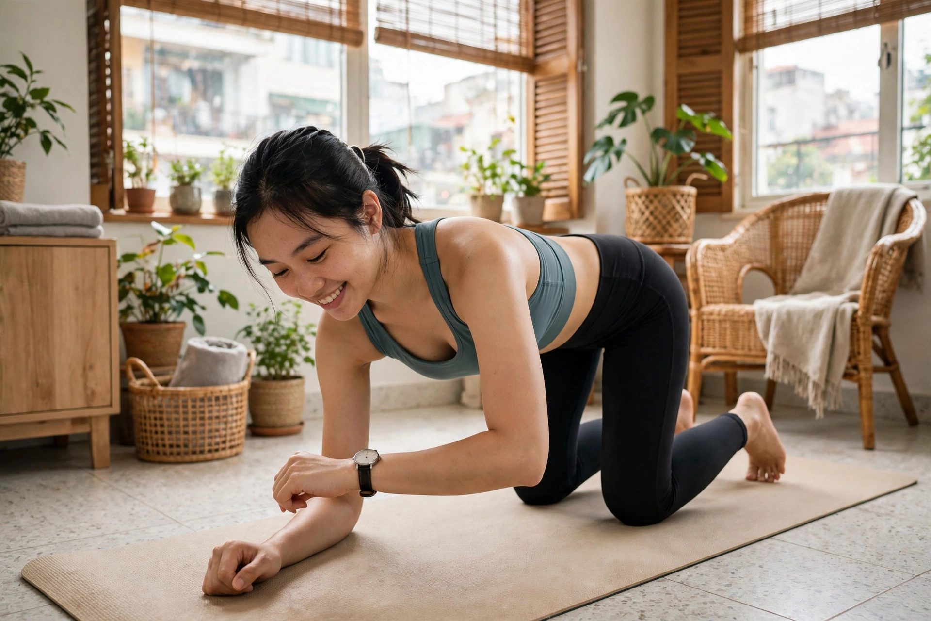 Người mới tập plank gối và bấm giờ