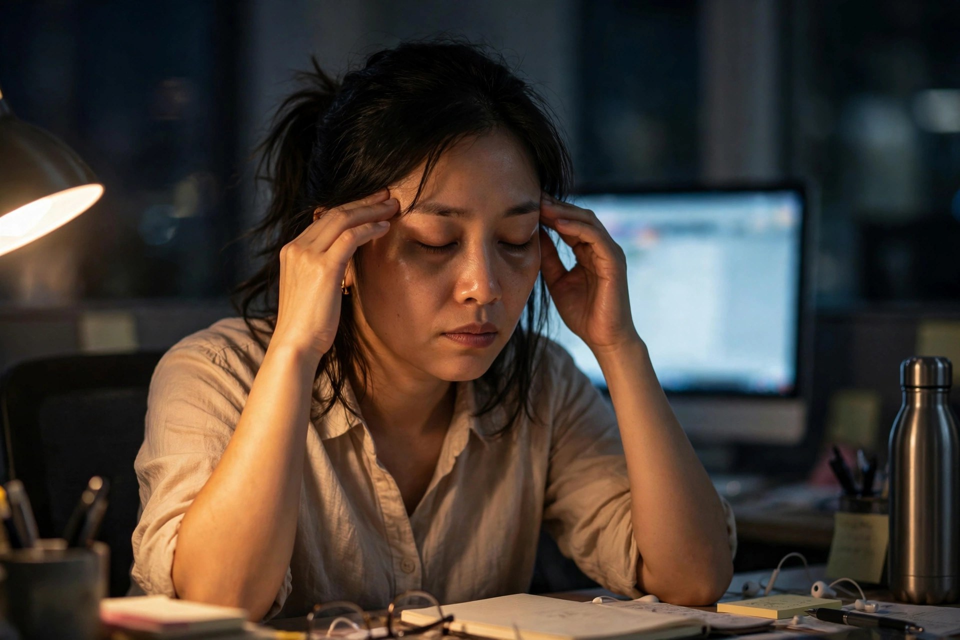 Nữ nhân viên văn phòng mệt mỏi vì thâm quầng mắt sau giờ làm đêm