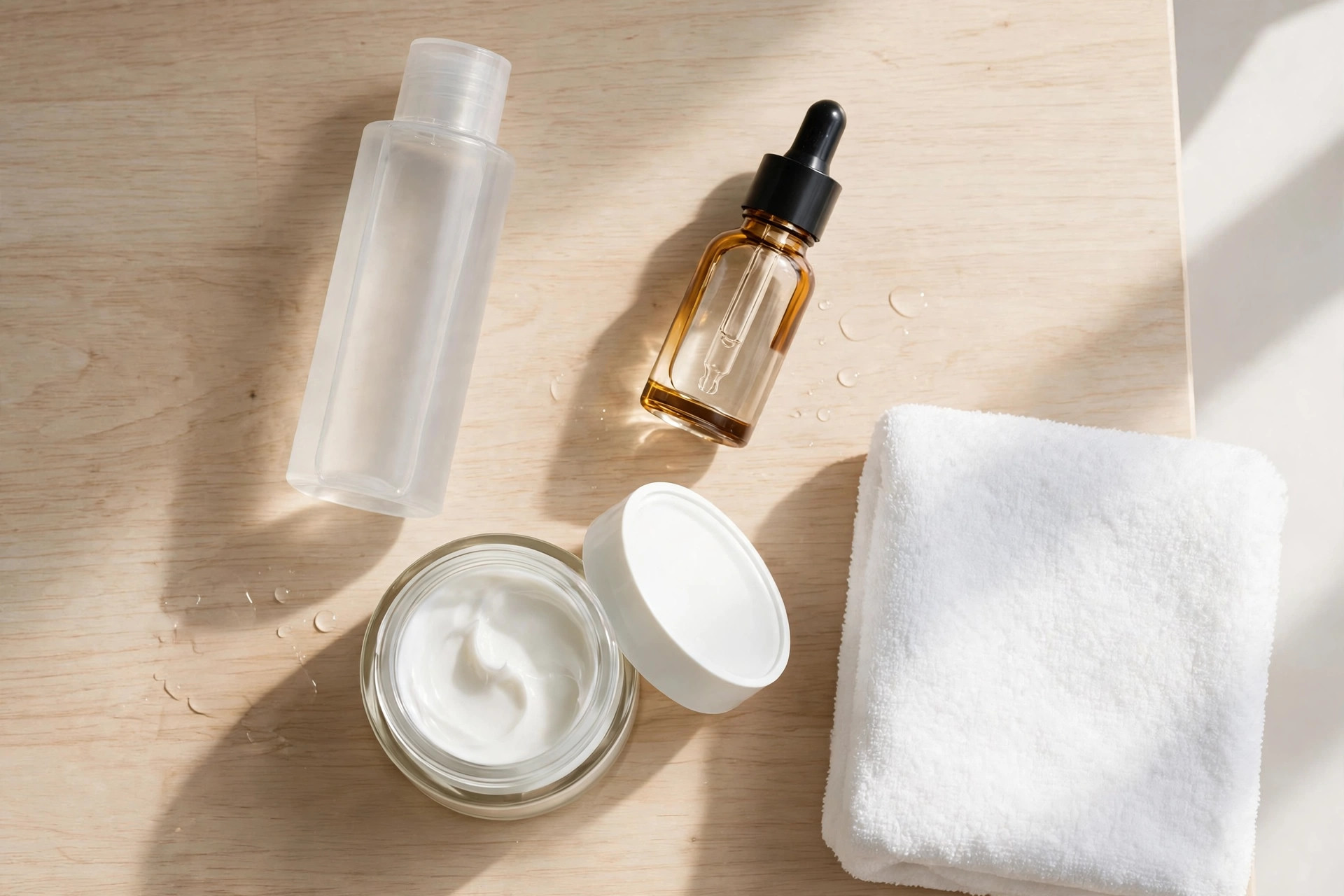 Các bước skincare trên bàn trang điểm