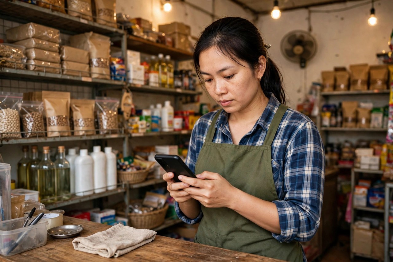 Chủ shop nhỏ dùng điện thoại quản lý quảng cáo tại cửa hàng