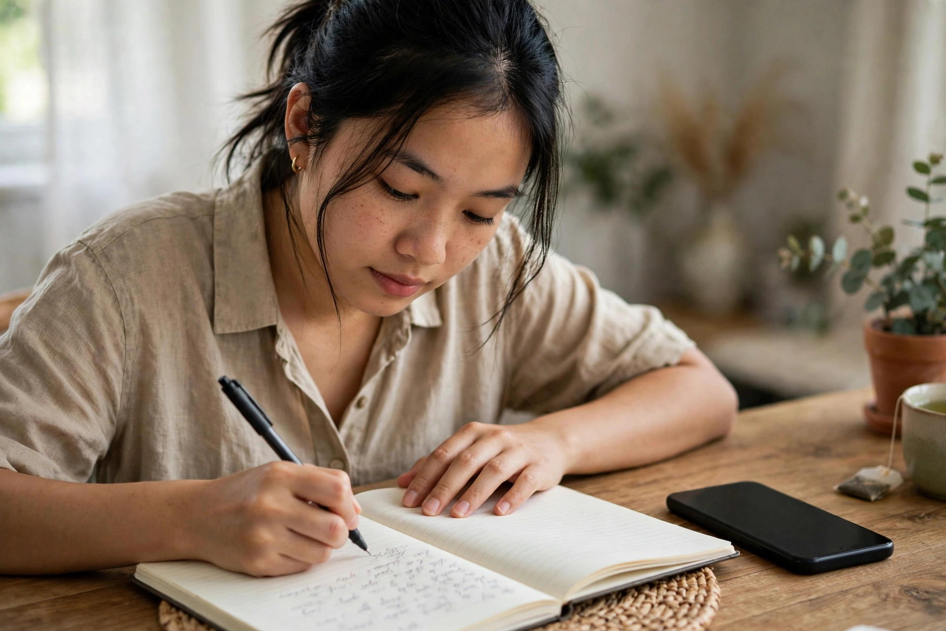 Người phụ nữ trẻ viết từ vựng tiếng Anh vào sổ tay, điện thoại đặt bên cạnh trên bàn