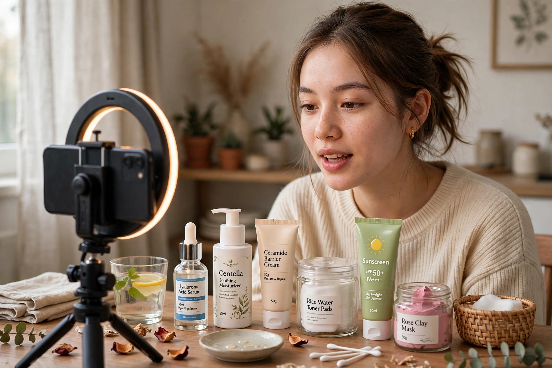 Ảnh minh họa: cô gái Việt quay video review mỹ phẩm bằng điện thoại gắn tripod và đèn ring light tại nhà