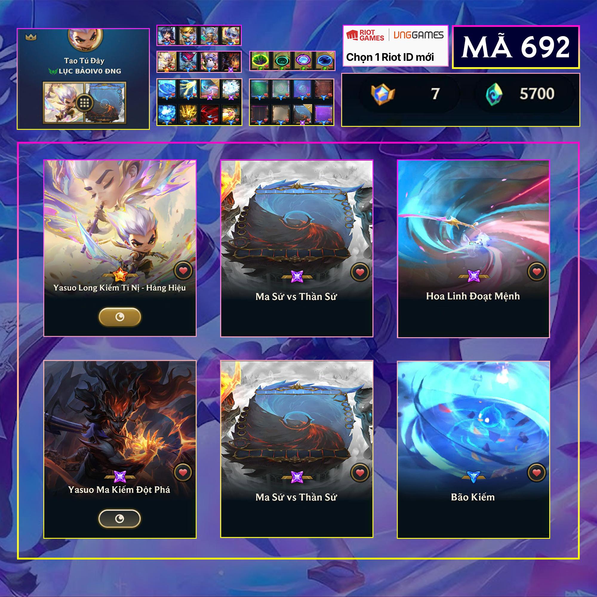 Thuê acc TFT MS: 692 KHÔNG RANK - Yasuo Long Kiếm Hàng Hiệu