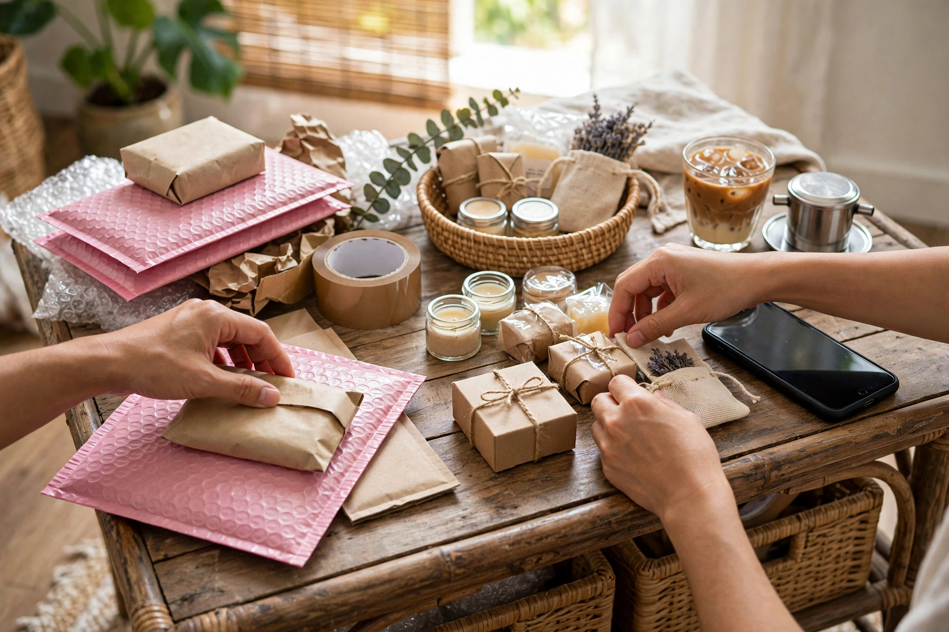 Chủ shop nhỏ đóng gói đơn hàng TikTok Shop trên bàn làm việc