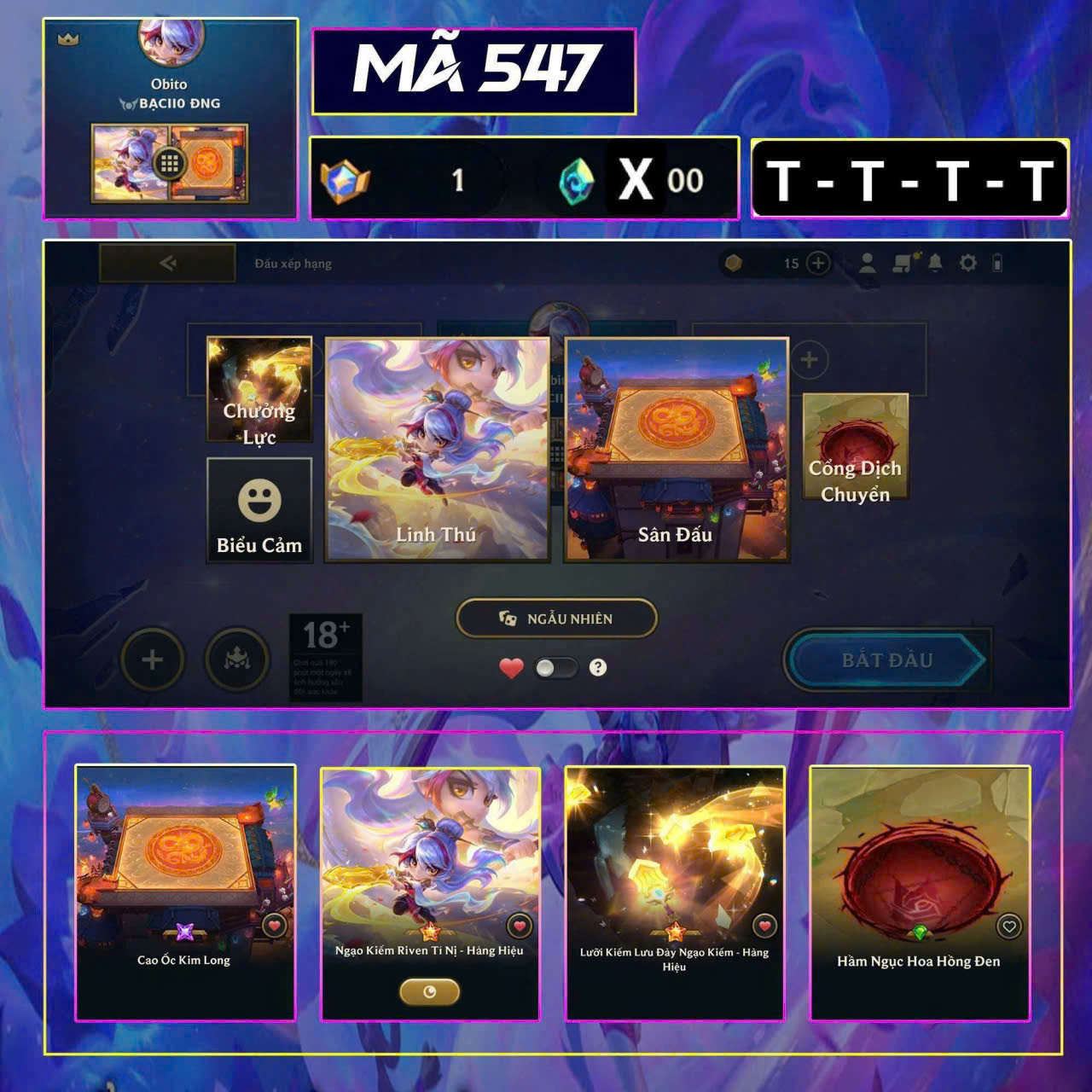 Thuê acc TFT MS: 547 KHÔNG RANK - Ngọa Kiếm Riven Hàng Hiệu