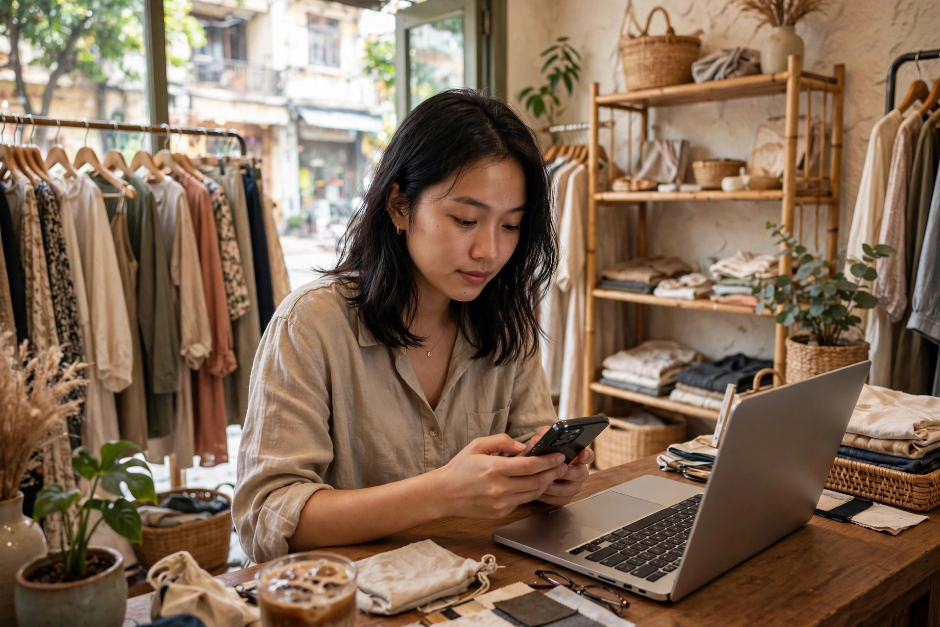 Chủ shop viết caption đăng feedback trên điện thoại tại quầy