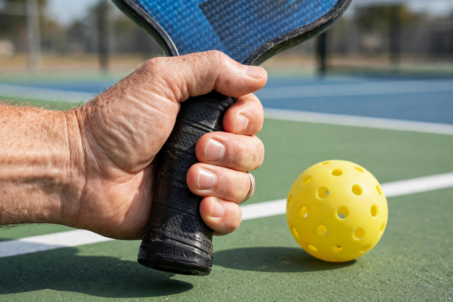 Cận cảnh tay cầm vợt pickleball đúng kỹ thuật bên cạnh quả bóng