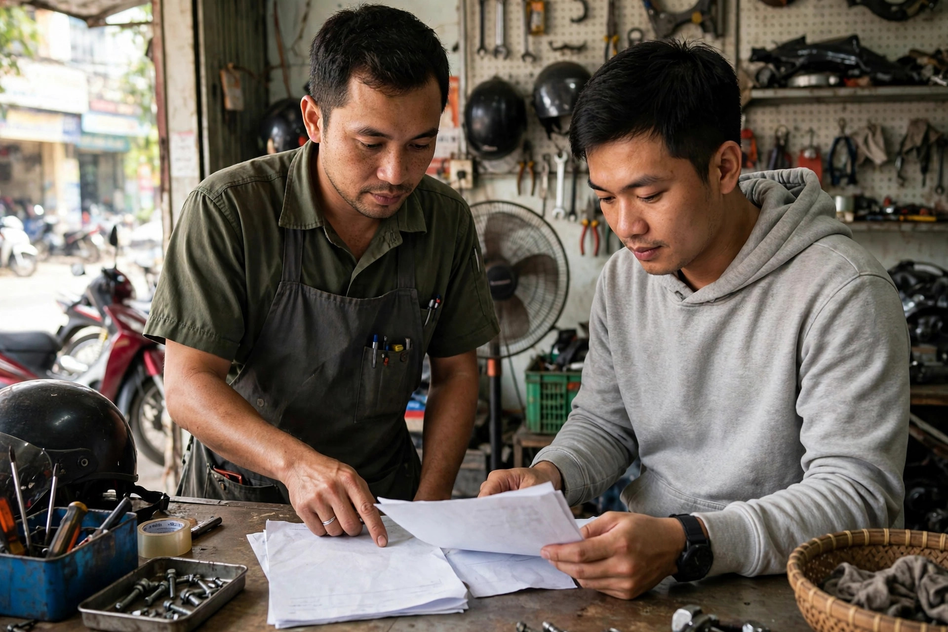 Đối chiếu giấy tờ xe trước khi giao tiền
