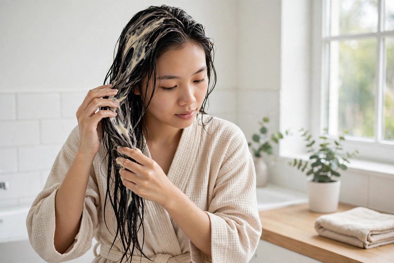 Chăm sóc tóc khô xơ tại nhà mùa mưa: ủ tóc, chọn dầu gội và thói quen gội đúng