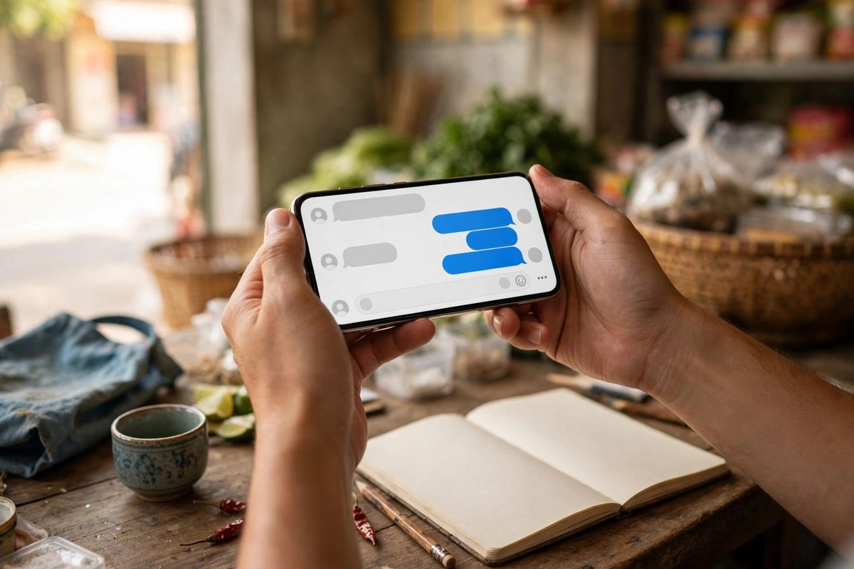 Chủ shop nhỏ cầm điện thoại nhắn tin chăm sóc khách hàng cũ