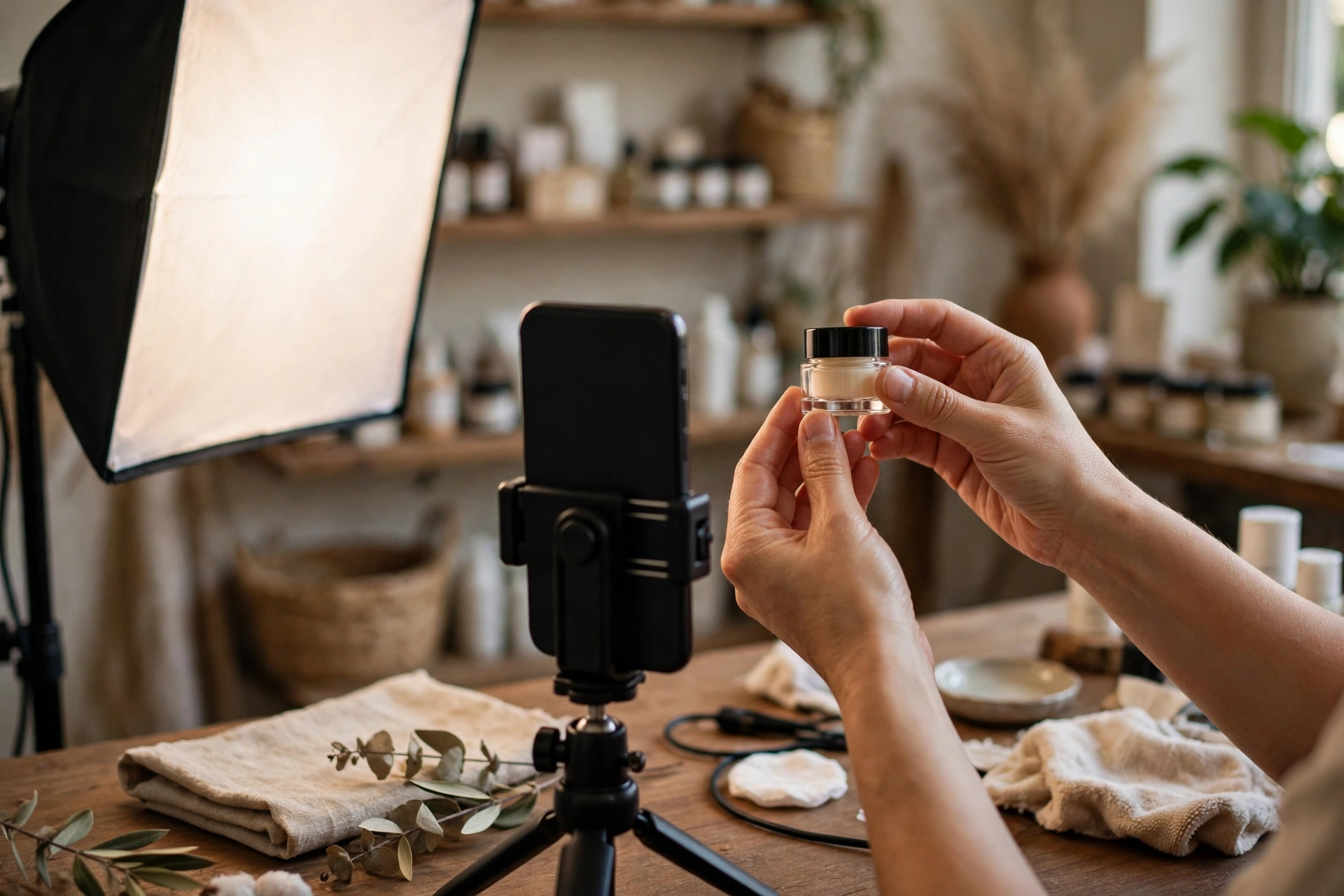 Đôi tay cầm hũ mỹ phẩm nhỏ giơ trước điện thoại đang quay video quảng cáo, có đèn chiếu sáng