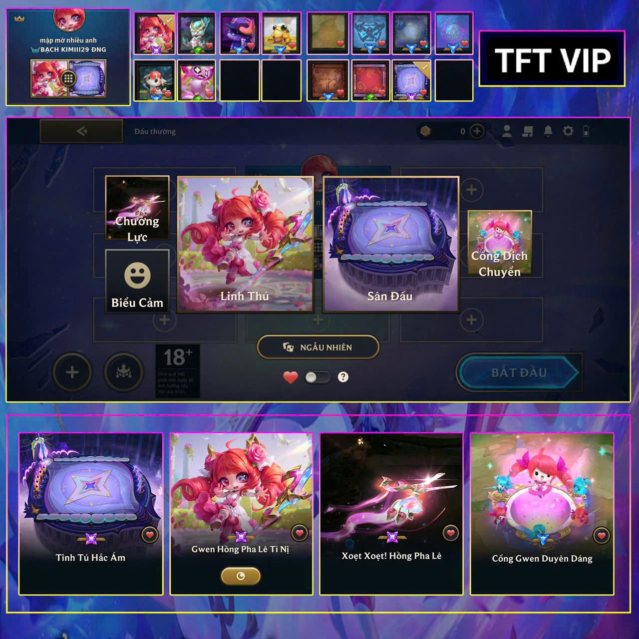 Thuê acc TFT MS: 526 KHÔNG RANK - Gwen Hồng Pha Lê Tí Nị