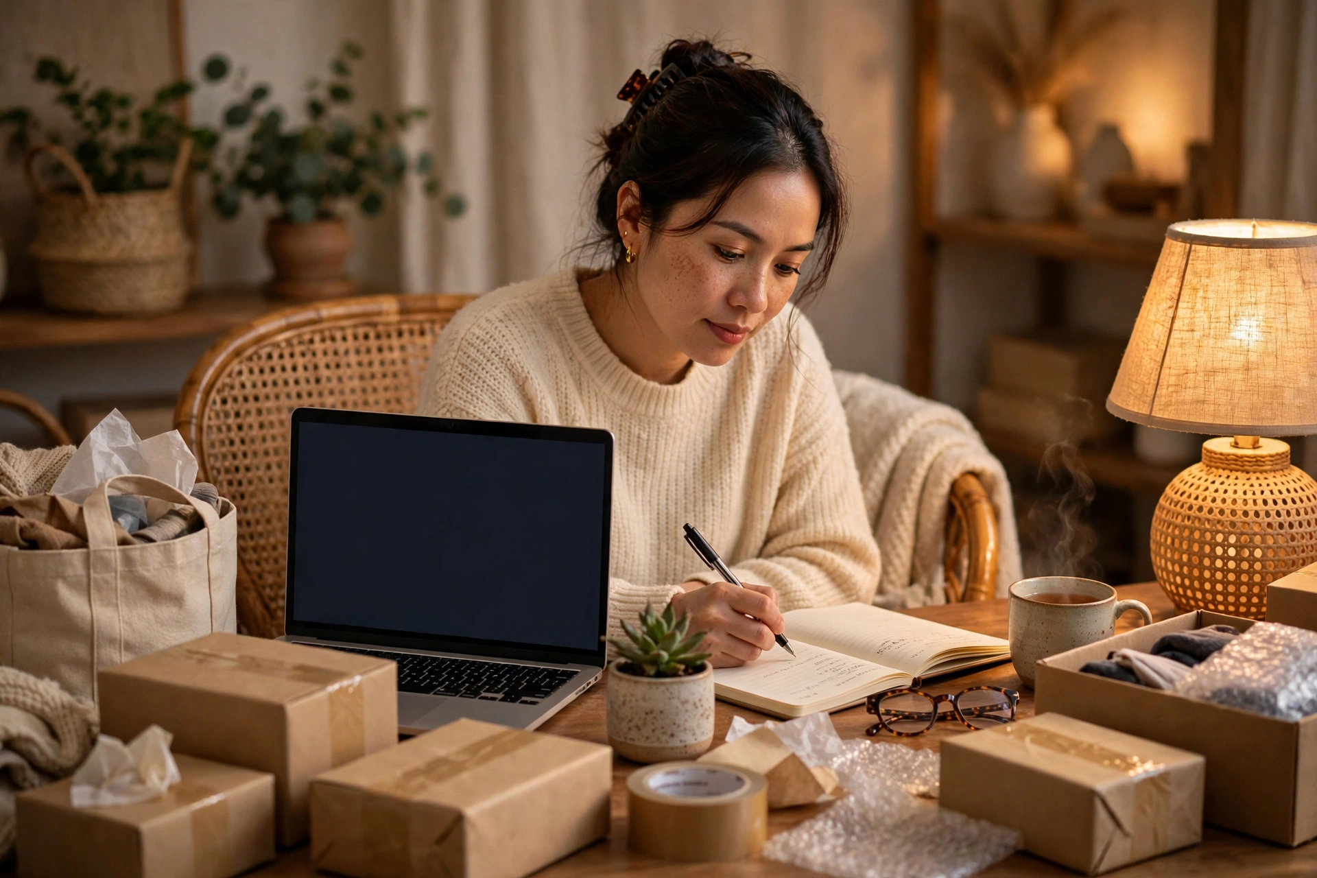 Người phụ nữ lập danh sách mua sắm cuối năm tại nhà