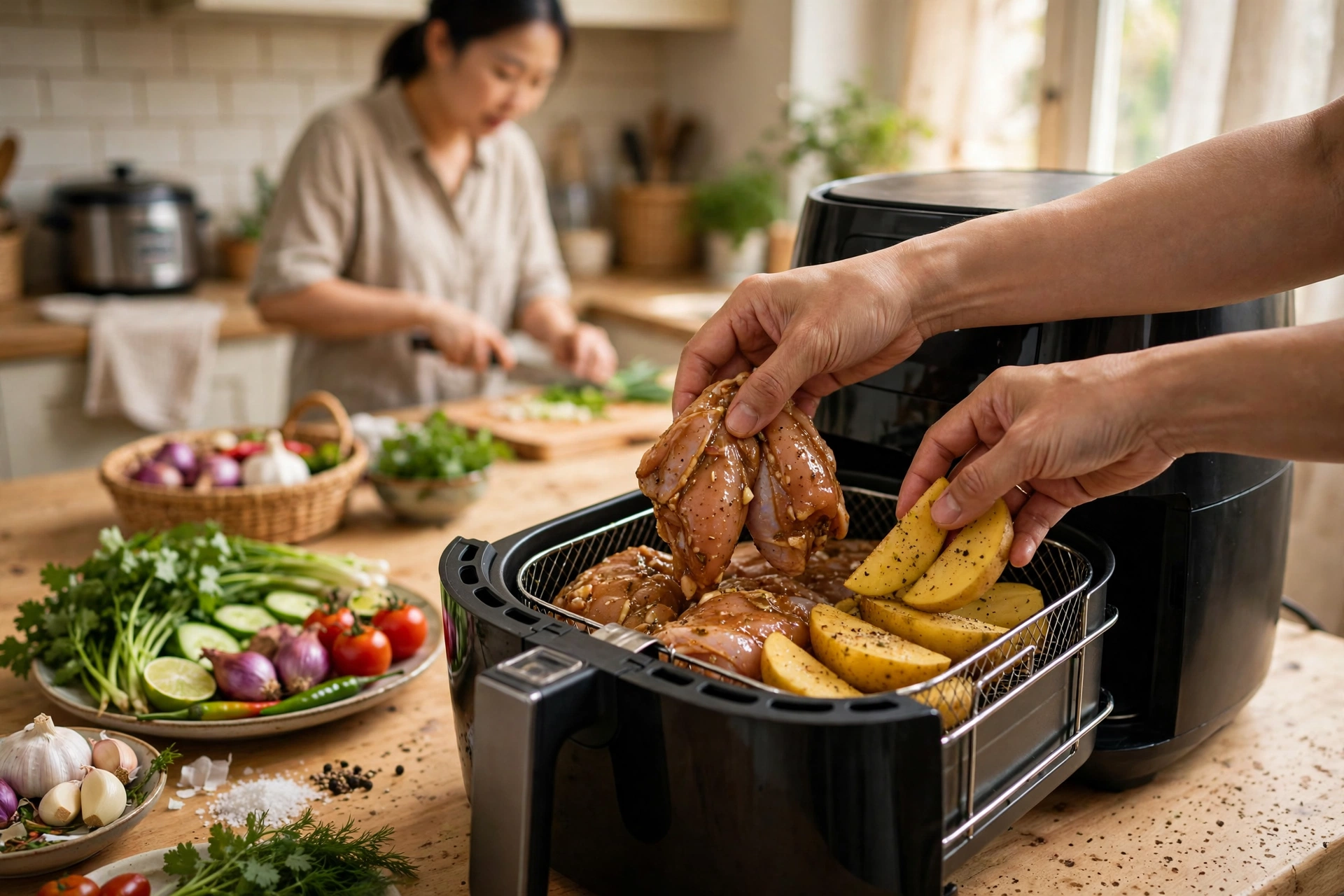 Gia đình xếp gà ướp và khoai tây vào khay nồi chiên không dầu trong bếp